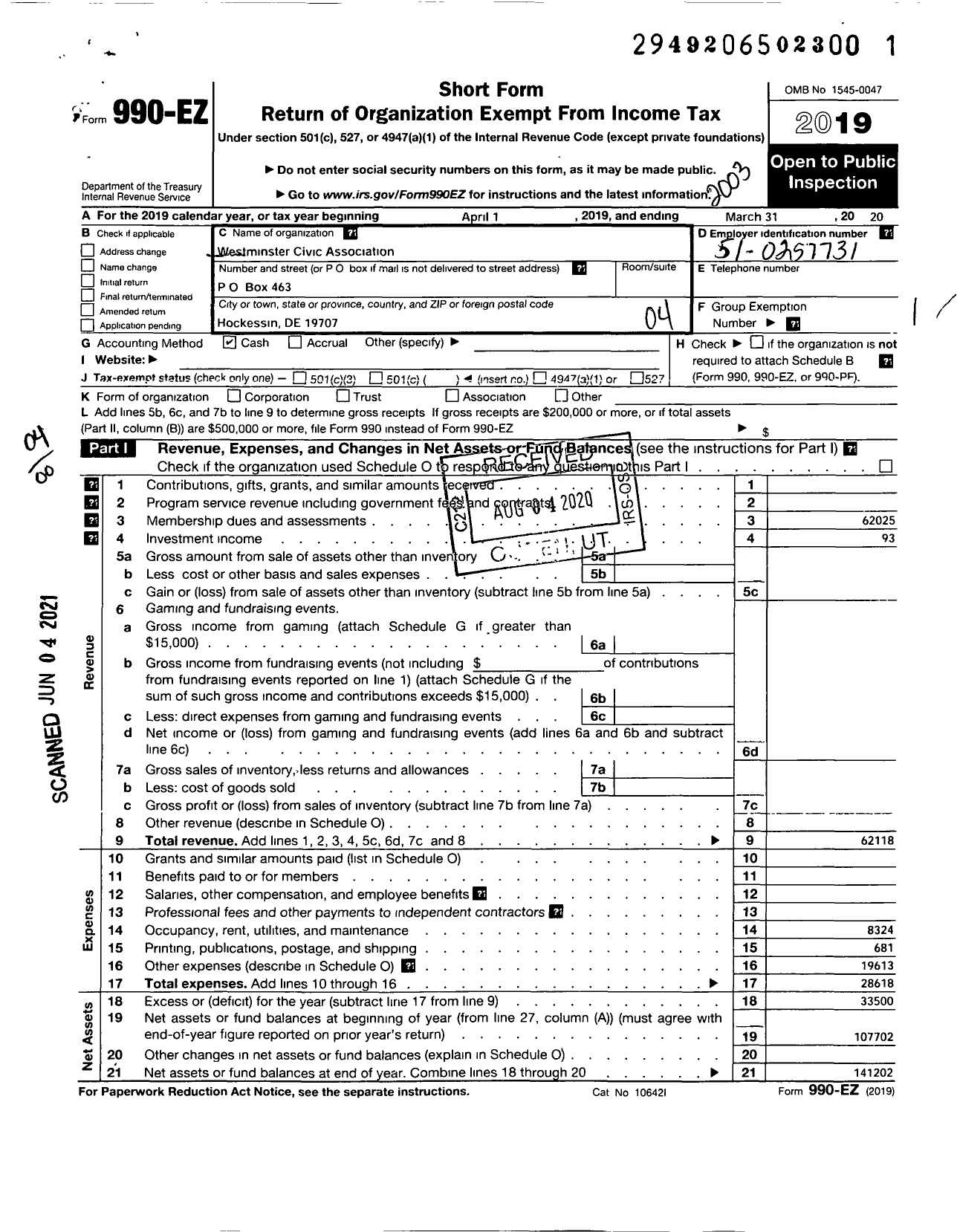 Image of first page of 2019 Form 990EO for Westminster Civic Association