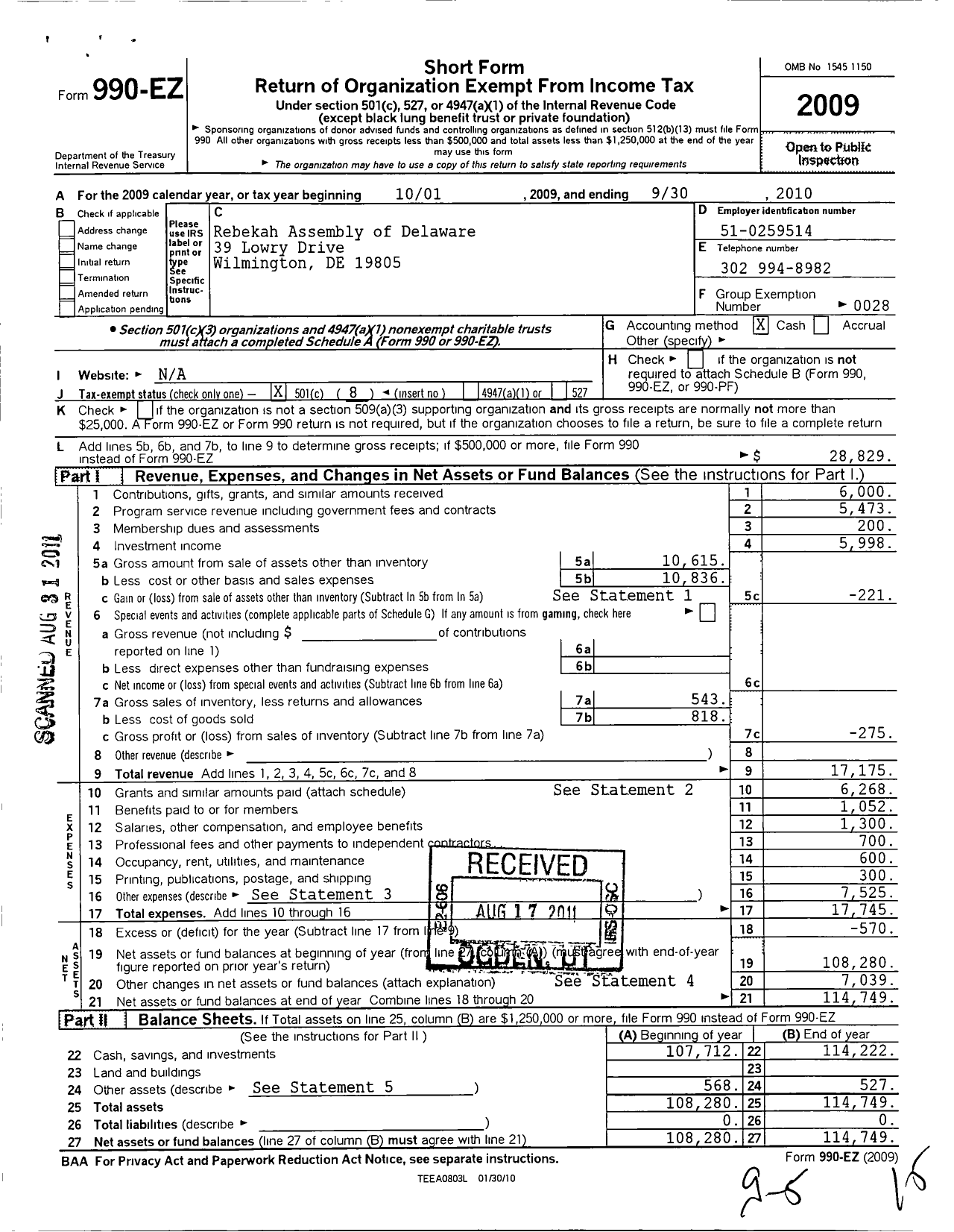 Image of first page of 2009 Form 990EO for Independent Order of Odd Fellows - Delaware Rebekah Assembly