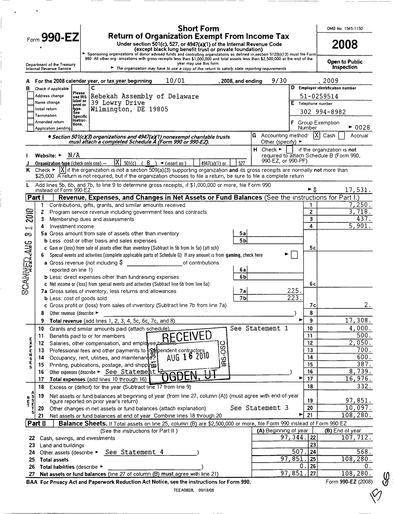 Image of first page of 2008 Form 990EO for Independent Order of Odd Fellows - Delaware Rebekah Assembly