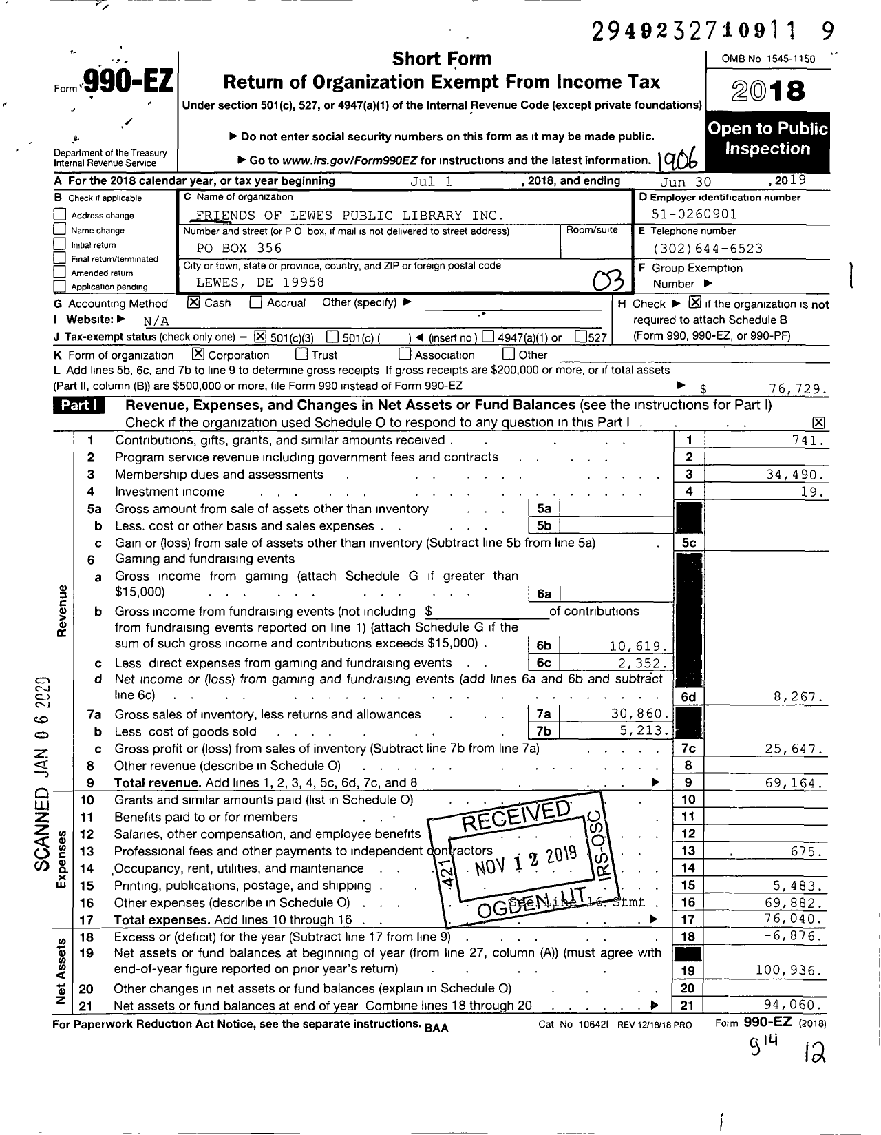 Image of first page of 2018 Form 990EZ for Friends of Lewes Public Library