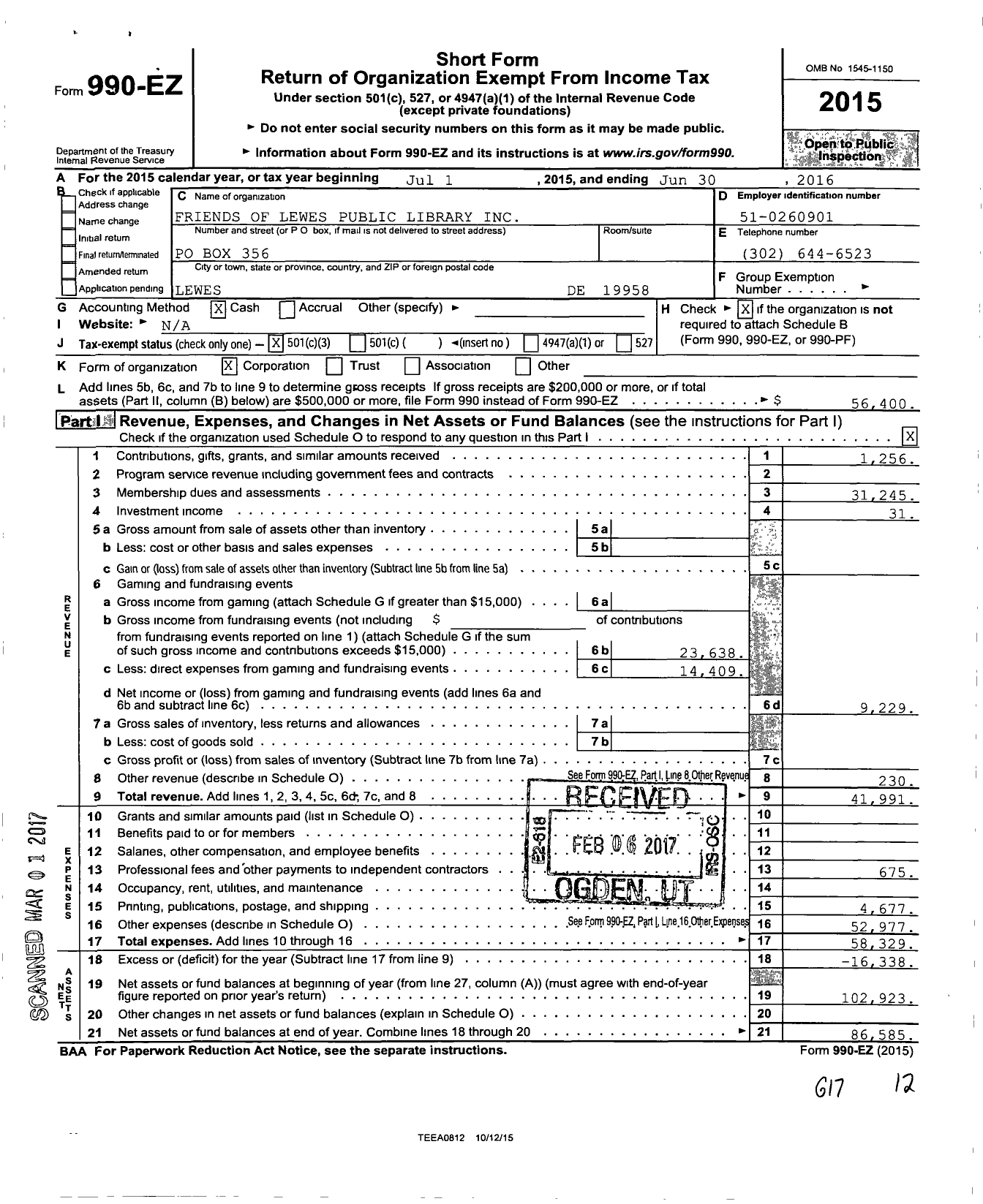 Image of first page of 2015 Form 990EZ for Friends of Lewes Public Library