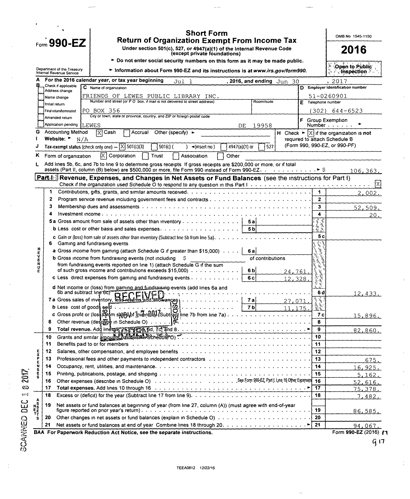 Image of first page of 2016 Form 990EZ for Friends of Lewes Public Library