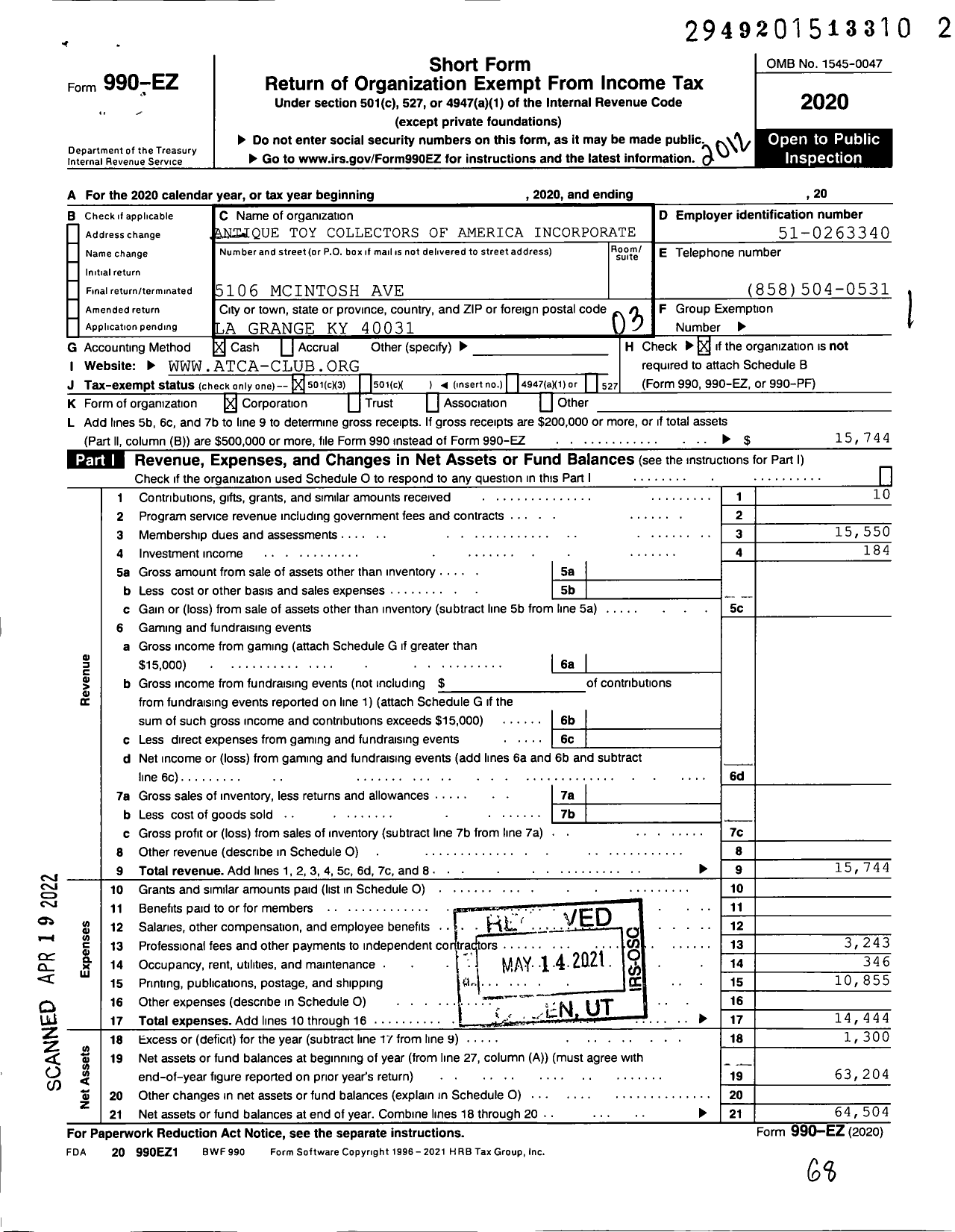 Image of first page of 2020 Form 990EZ for Antique Toy Collectors of America Incorporated