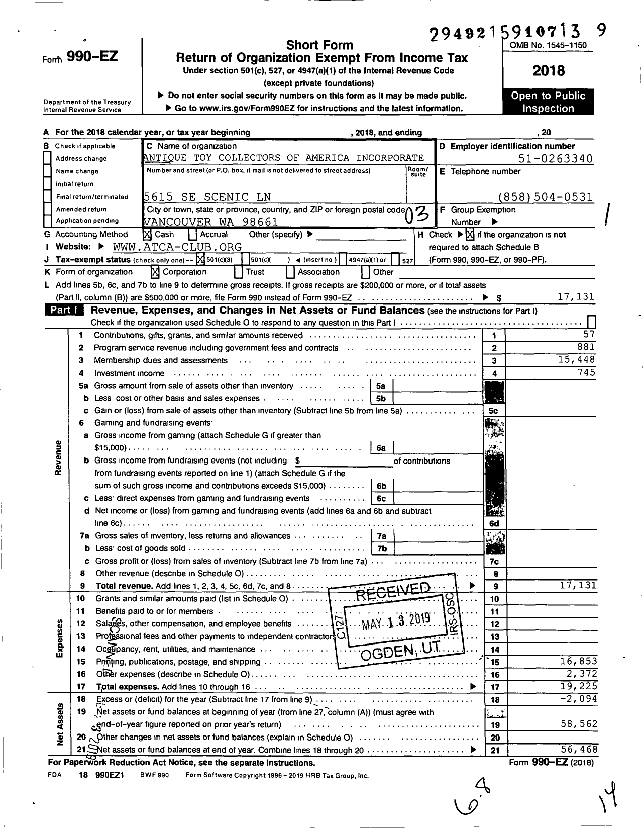 Image of first page of 2018 Form 990EZ for Antique Toy Collectors of America Incorporated