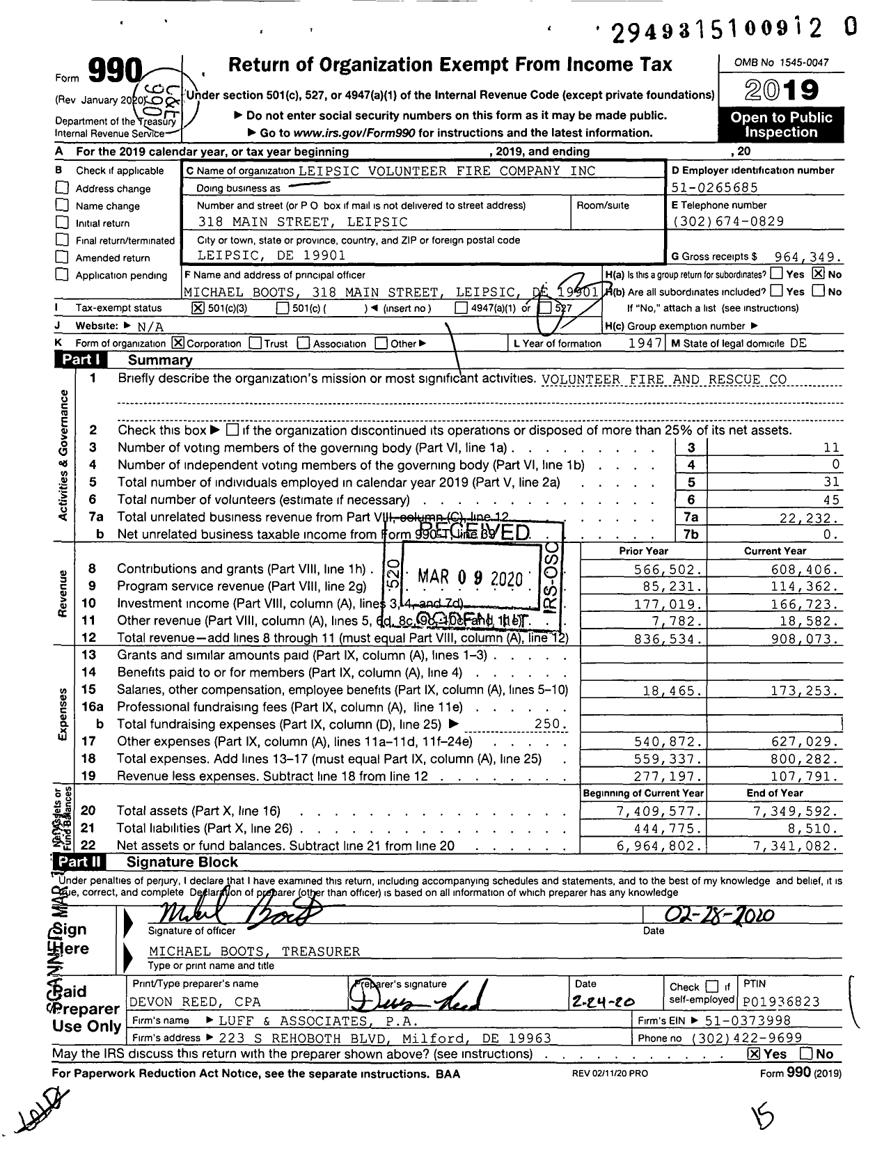Image of first page of 2019 Form 990 for Leipsic Volunteer Fire Company