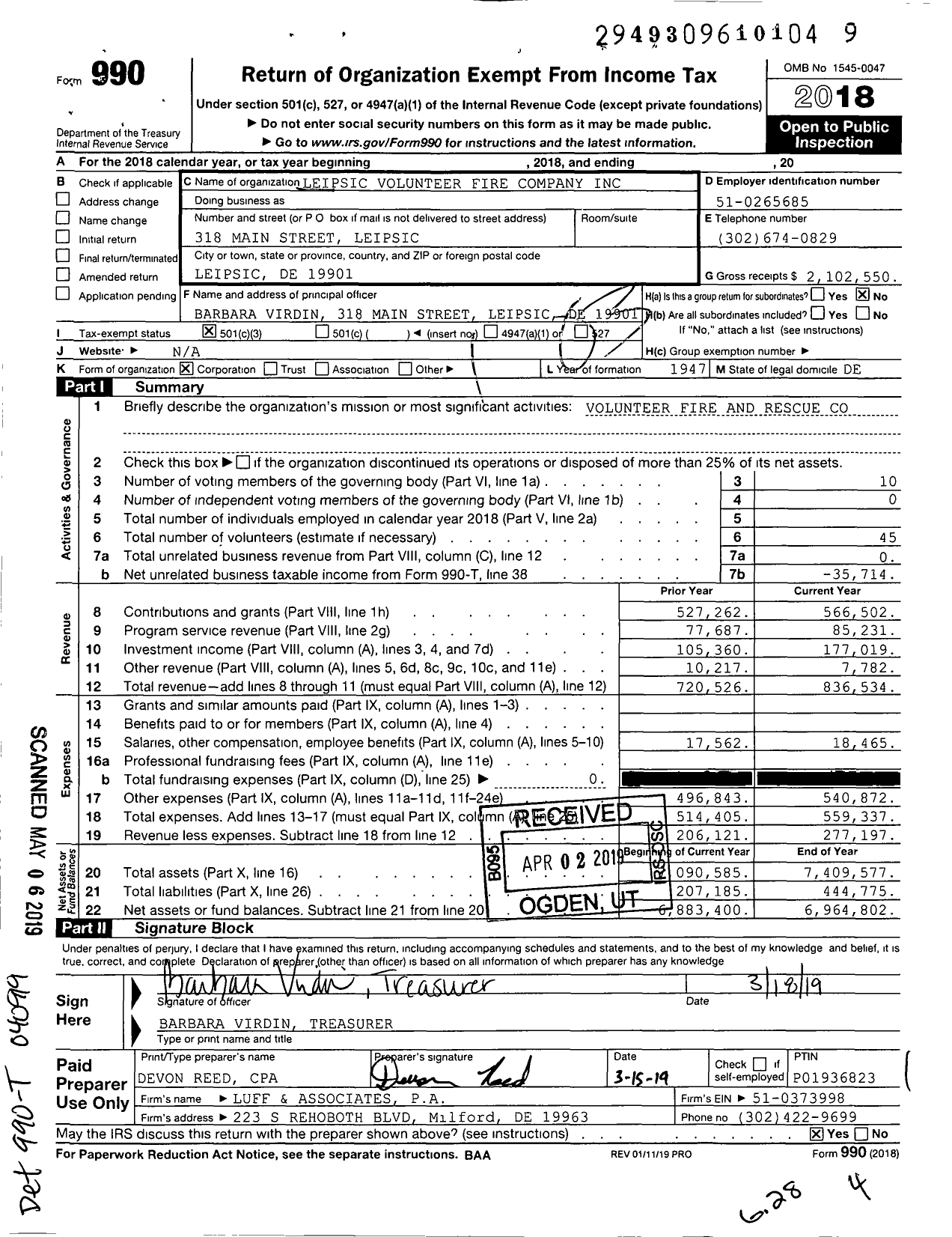Image of first page of 2018 Form 990 for Leipsic Volunteer Fire Company
