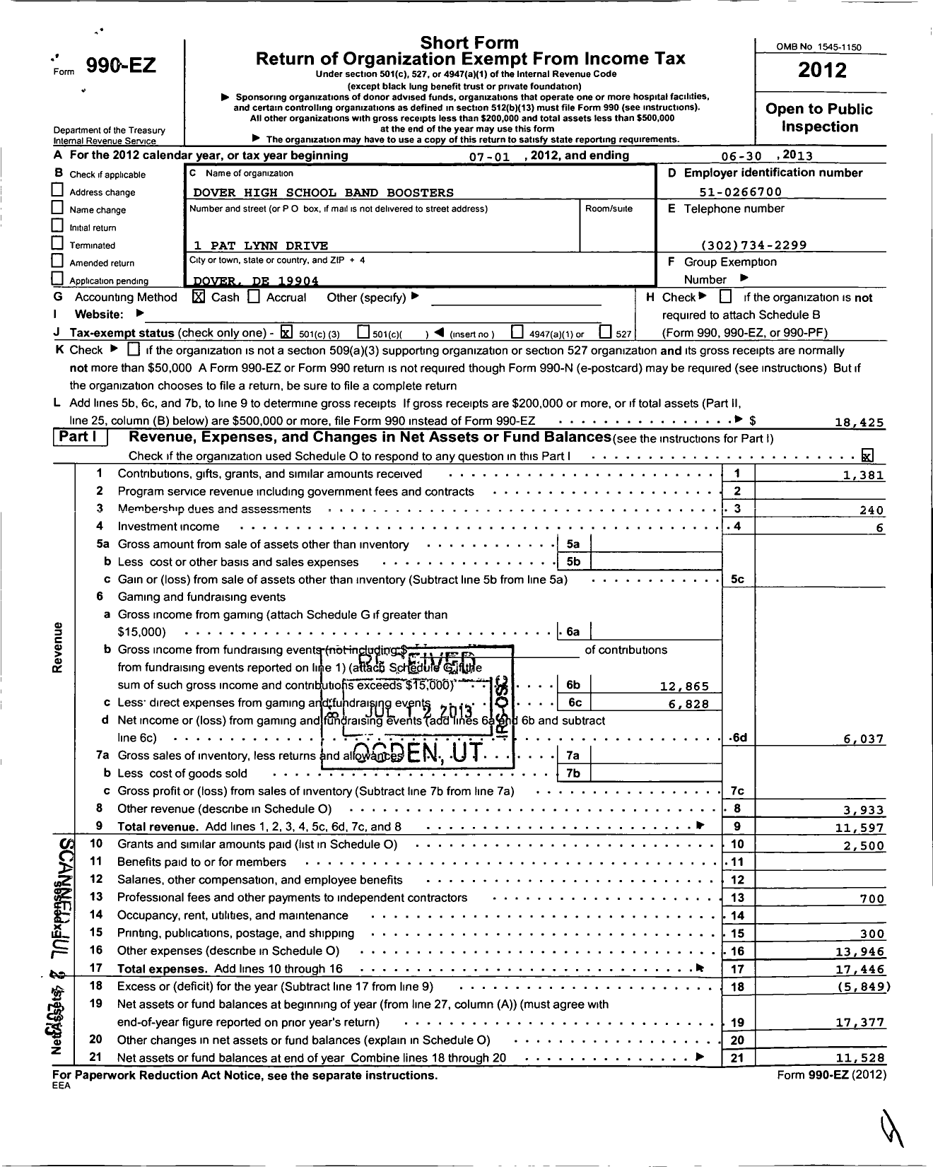 Image of first page of 2012 Form 990EZ for Dover High School Band Boosters