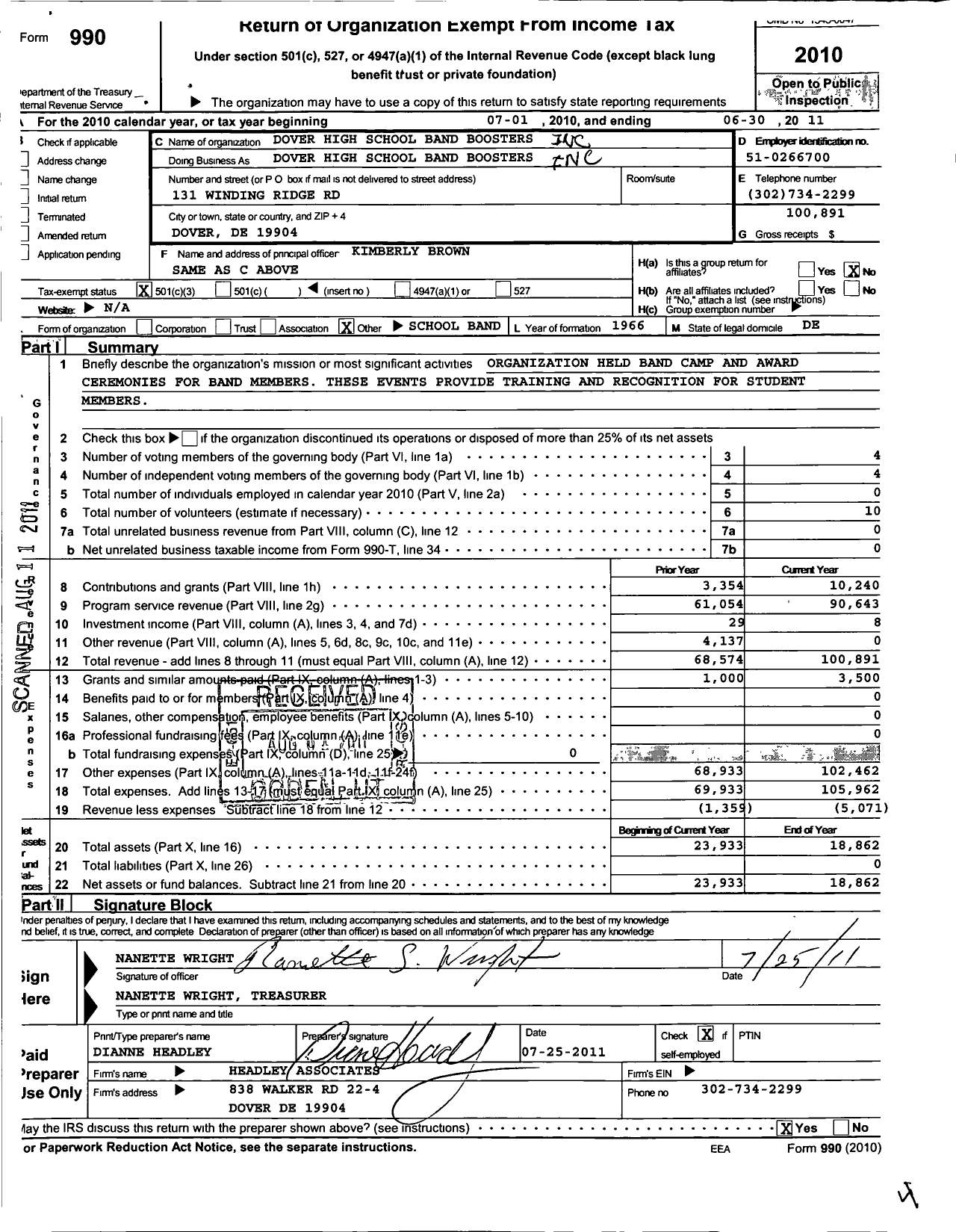 Image of first page of 2010 Form 990 for Dover High School Band Boosters