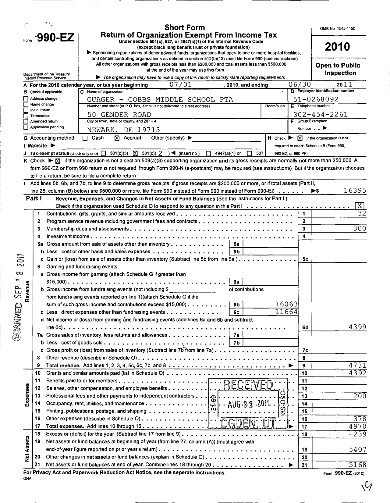 Image of first page of 2010 Form 990EO for PTA Delaware Congress / Gauger Middle School PTA