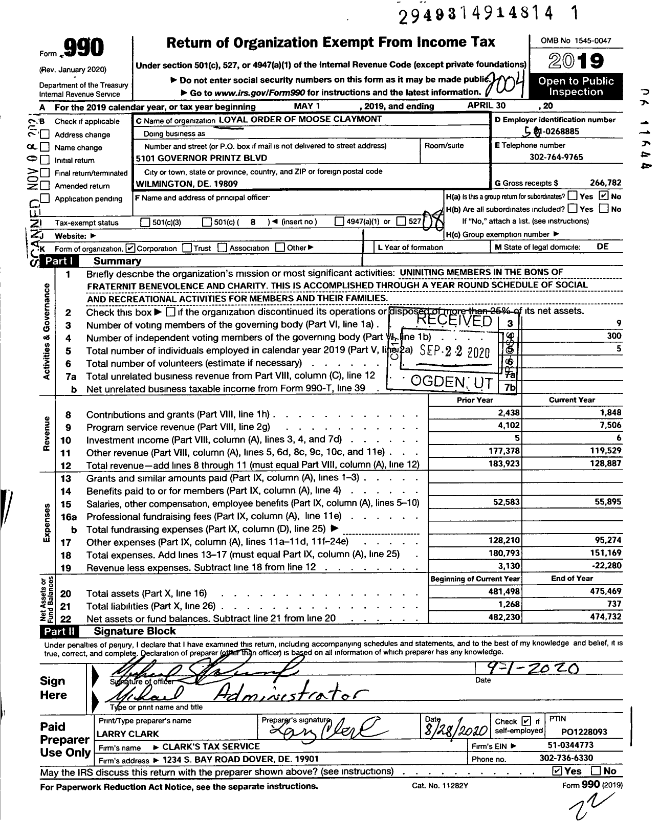 Image of first page of 2019 Form 990O for Loyal Order of Moose - 847