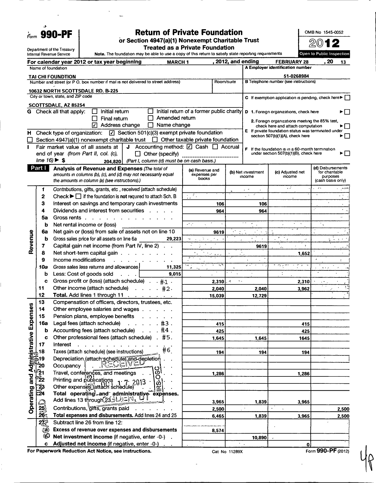 Image of first page of 2012 Form 990PF for Tai Chi Foundation