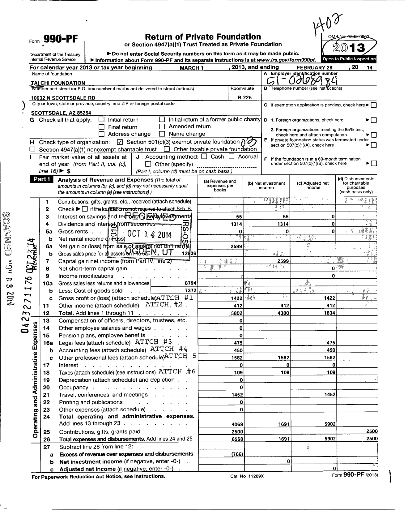 Image of first page of 2013 Form 990PF for Tai Chi Foundation