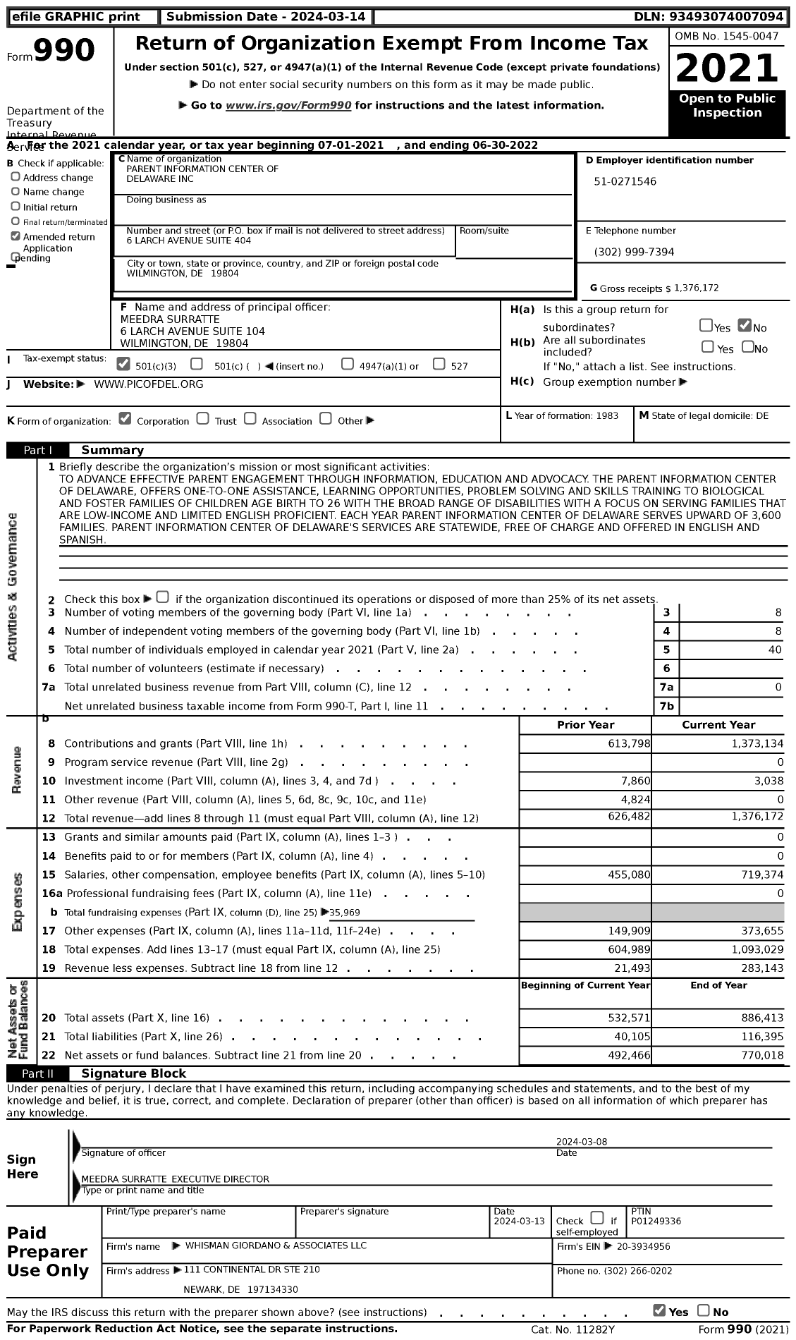 Image of first page of 2021 Form 990 for Parent Information Center of Delaware