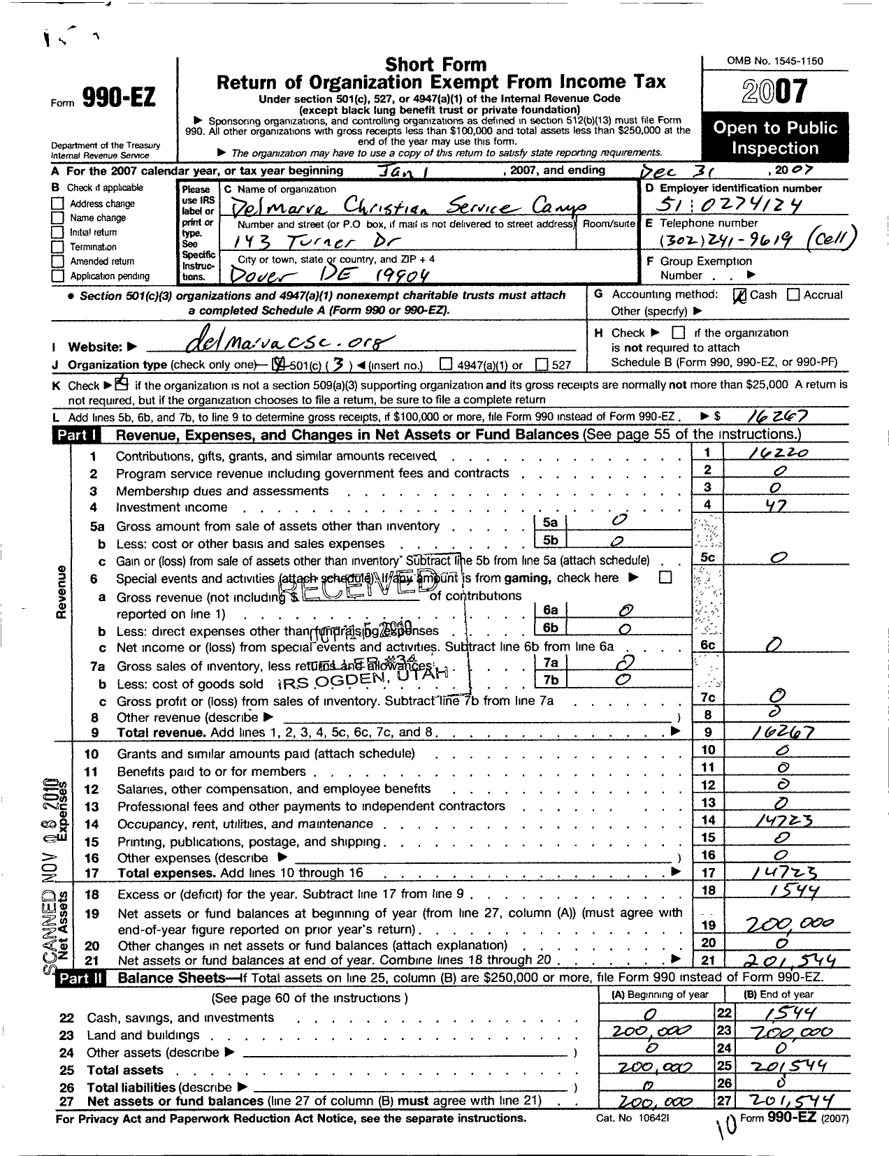 Image of first page of 2007 Form 990EZ for Delmarva Christian Service Camp