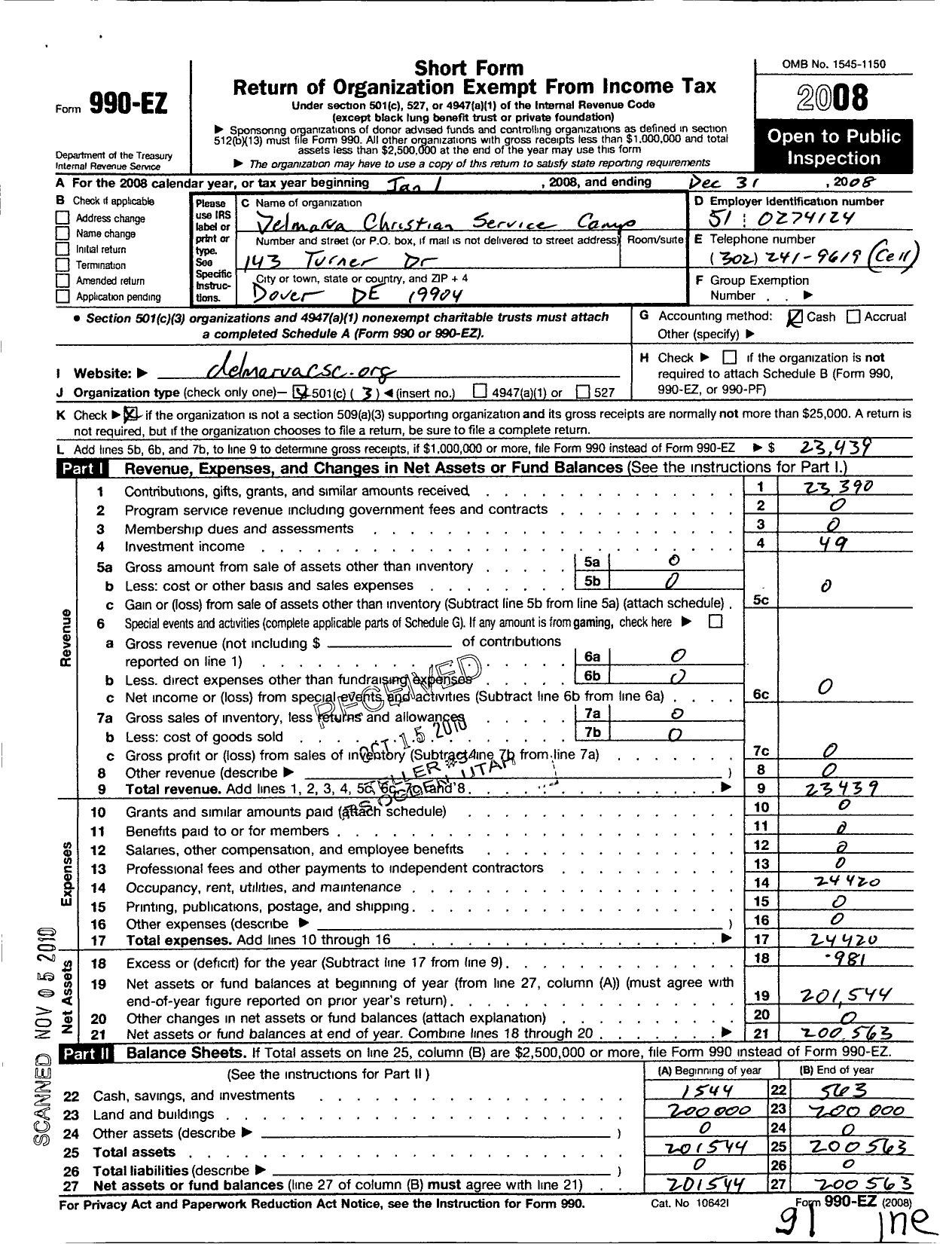 Image of first page of 2008 Form 990EZ for Delmarva Christian Service Camp