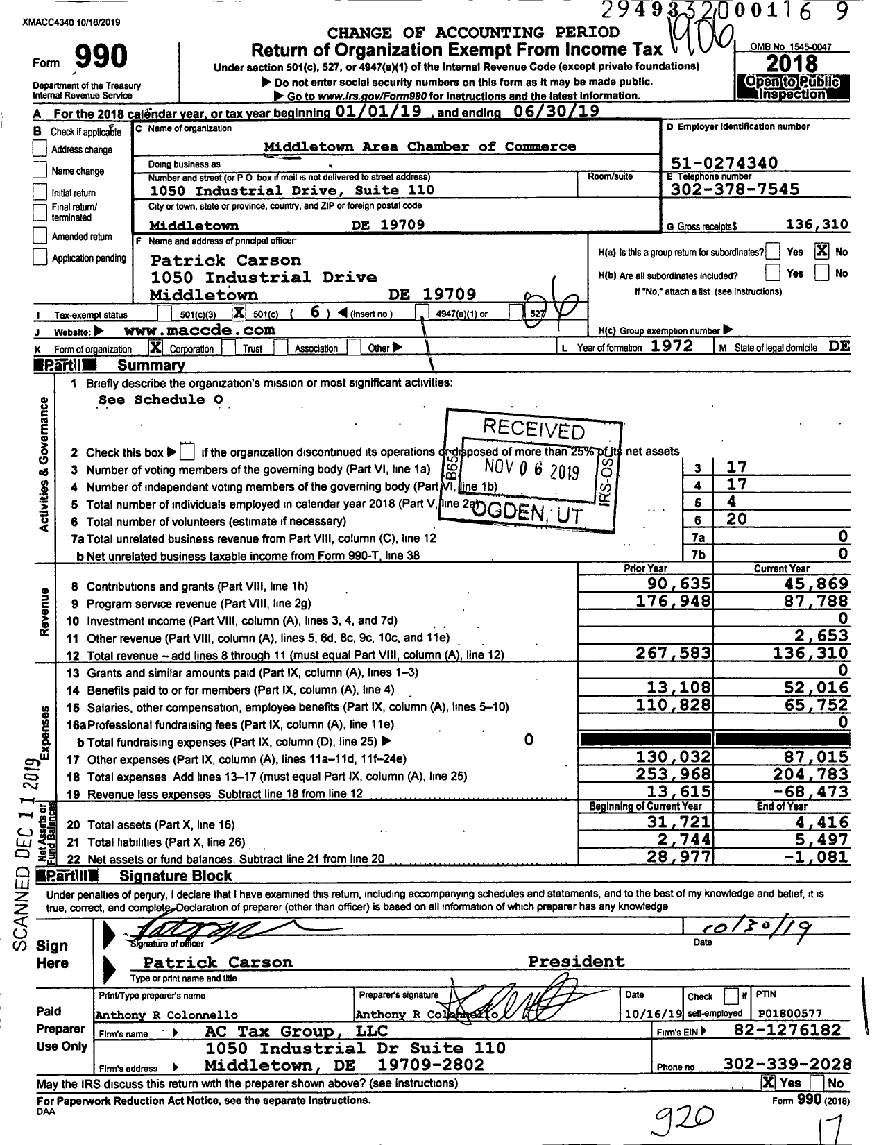 Image of first page of 2018 Form 990O for Middletown Area Chamber of Commerce