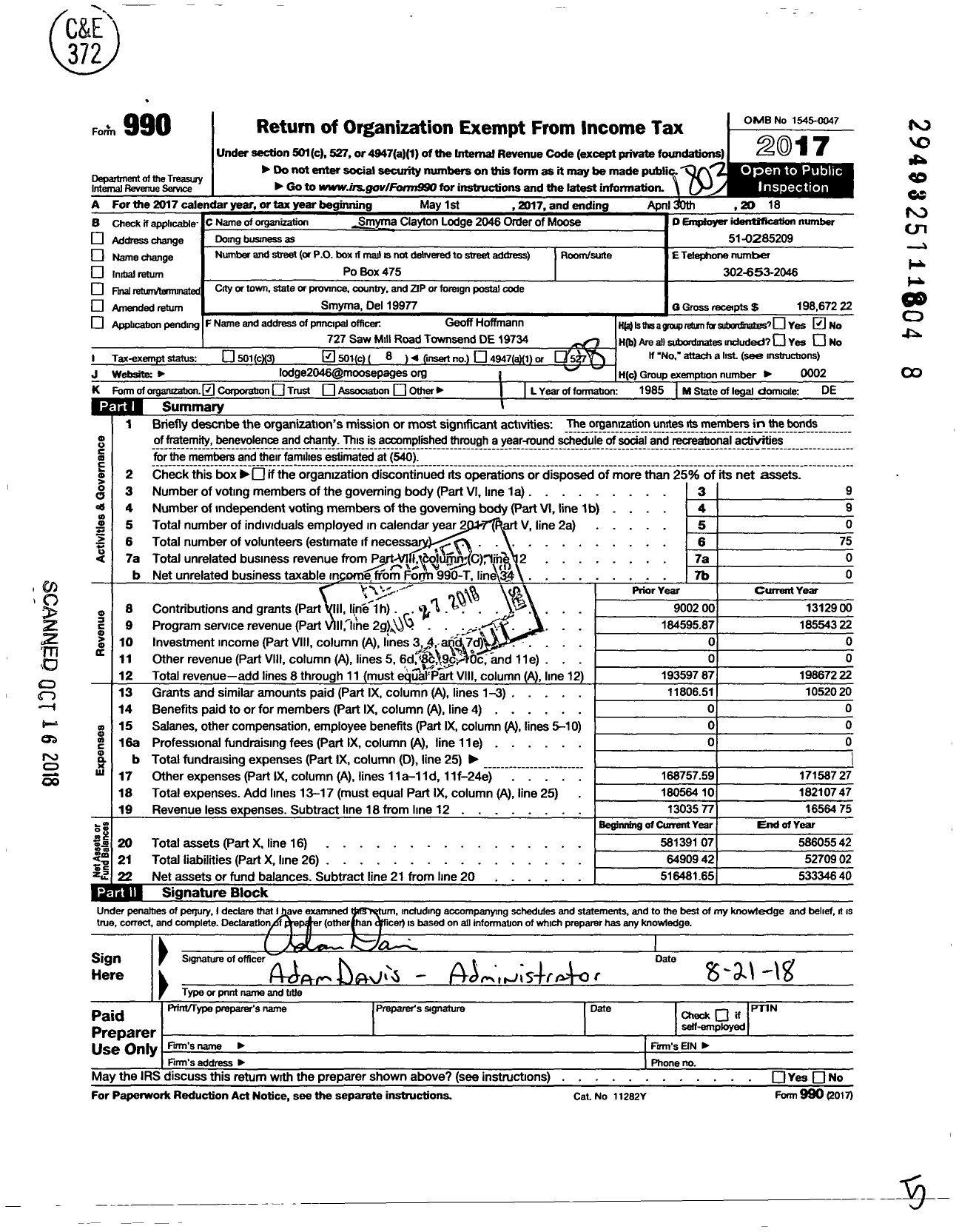 Image of first page of 2017 Form 990O for Loyal Order of Moose - 2046