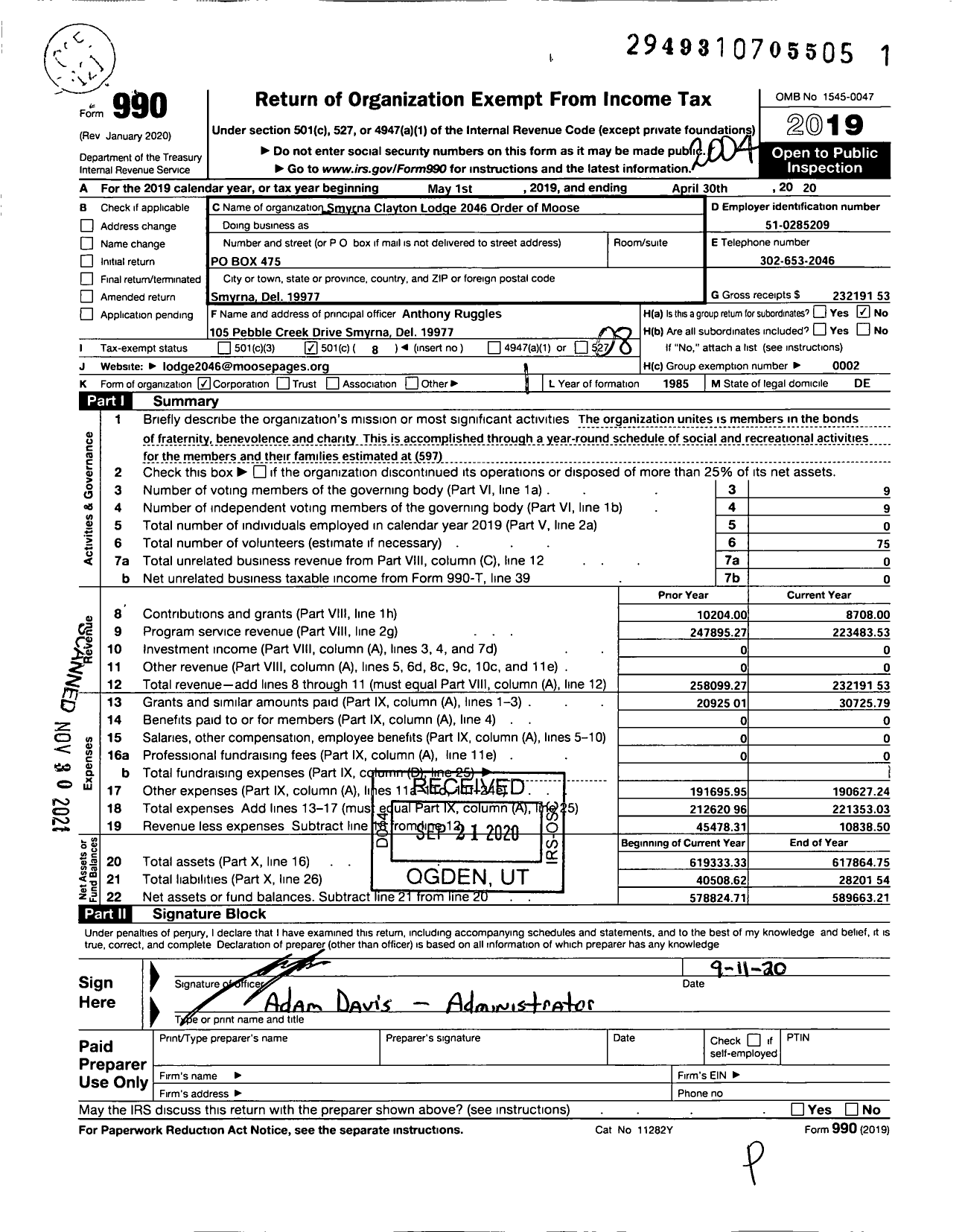 Image of first page of 2019 Form 990O for Loyal Order of Moose - 2046