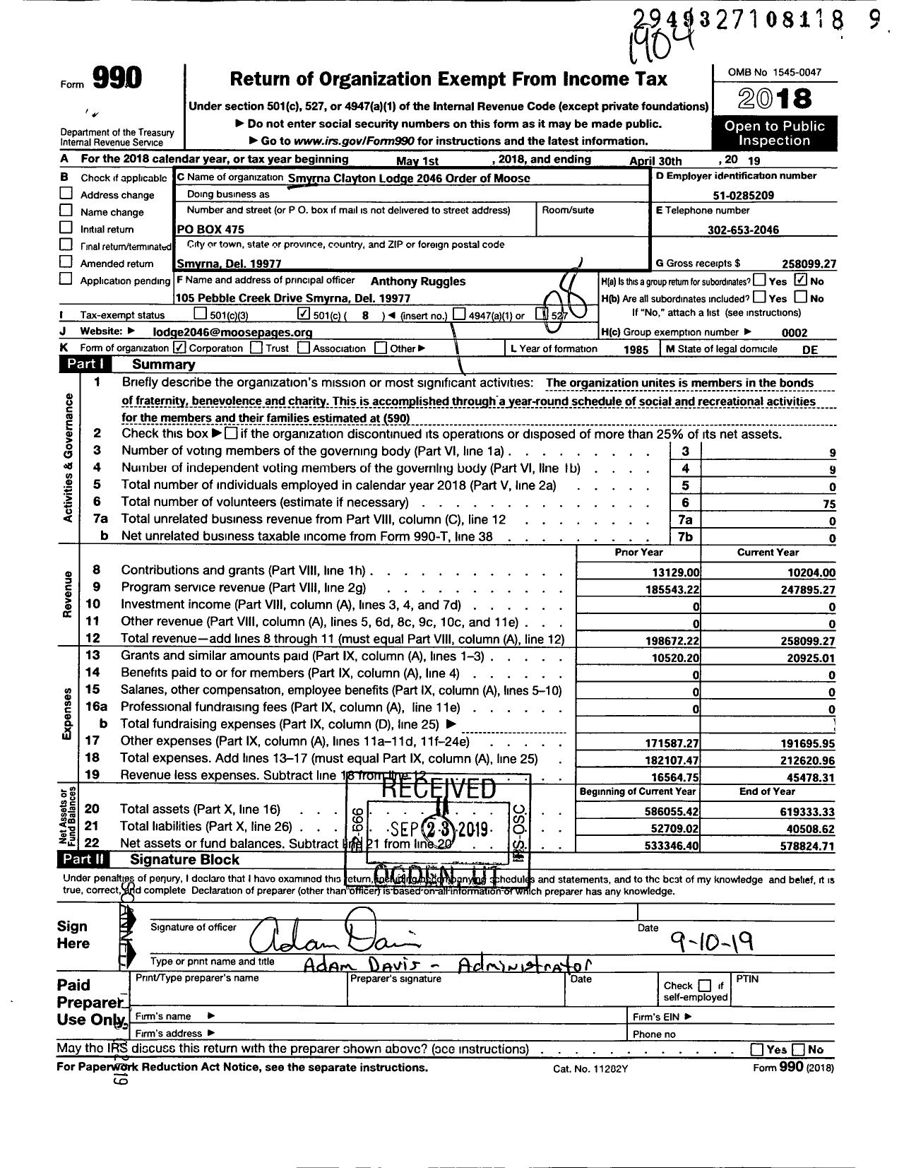 Image of first page of 2018 Form 990O for Loyal Order of Moose - 2046