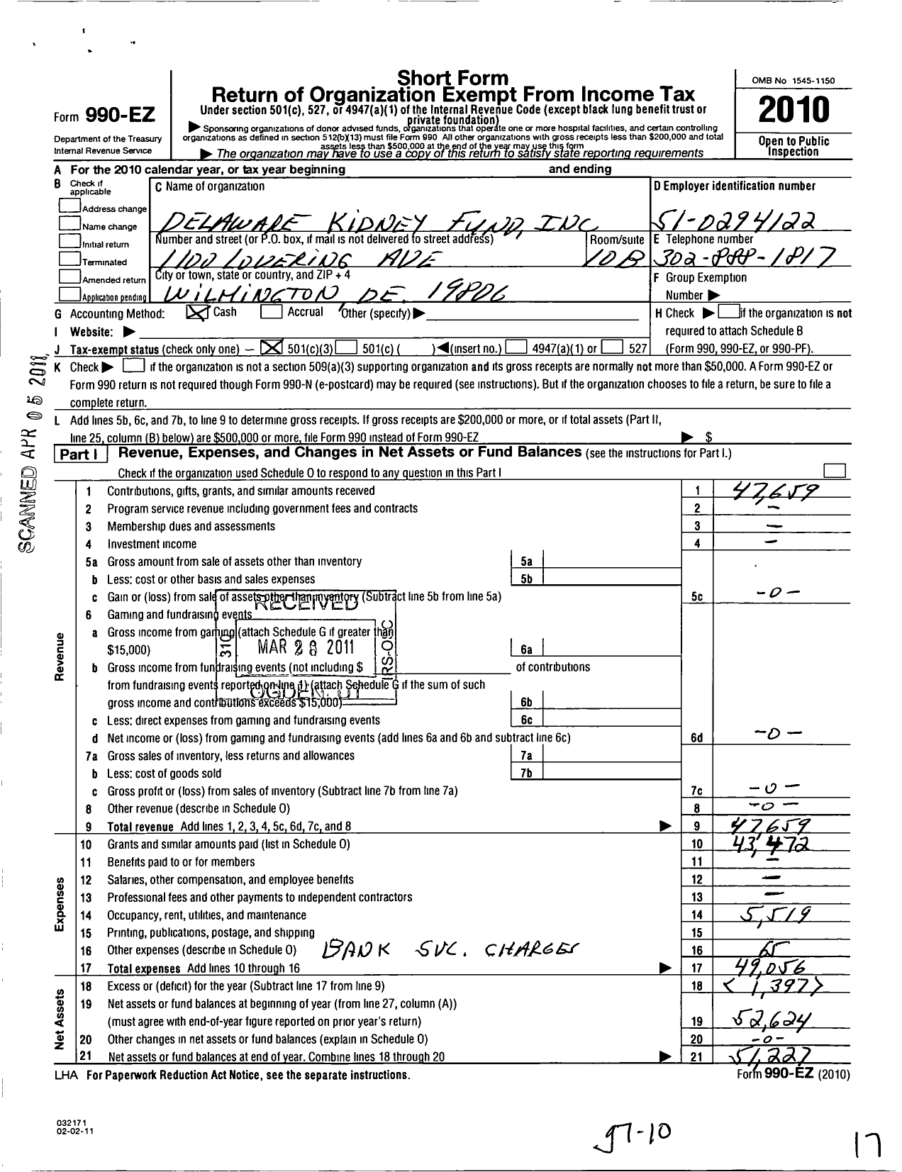 Image of first page of 2010 Form 990EZ for Delaware Kidney Fund