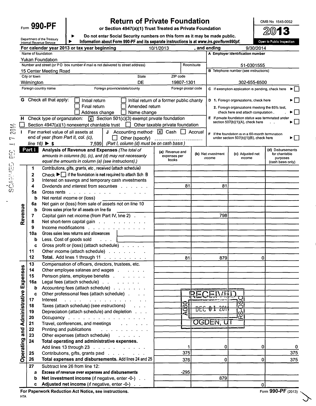 Image of first page of 2013 Form 990PF for Yukan Foundation