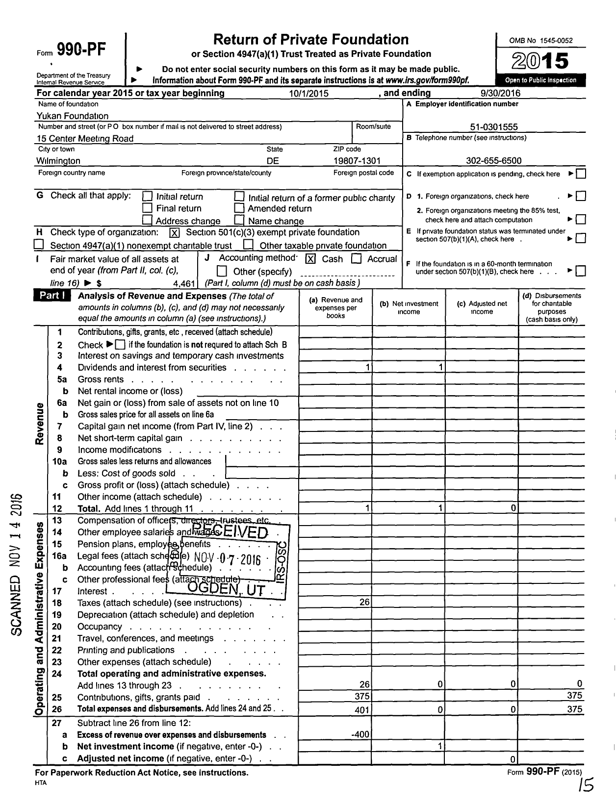 Image of first page of 2015 Form 990PF for Yukan Foundation