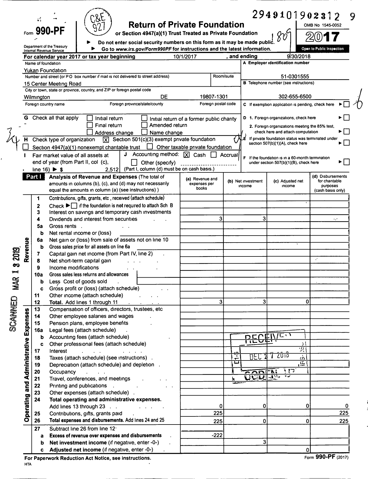 Image of first page of 2017 Form 990PF for Yukan Foundation