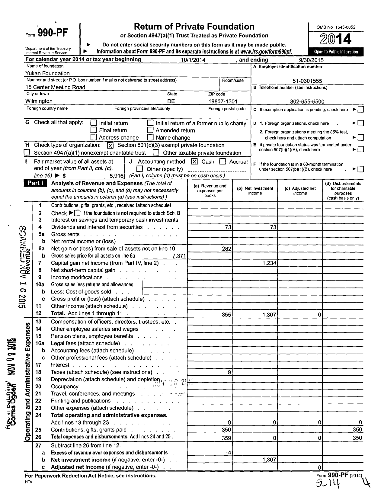 Image of first page of 2014 Form 990PF for Yukan Foundation