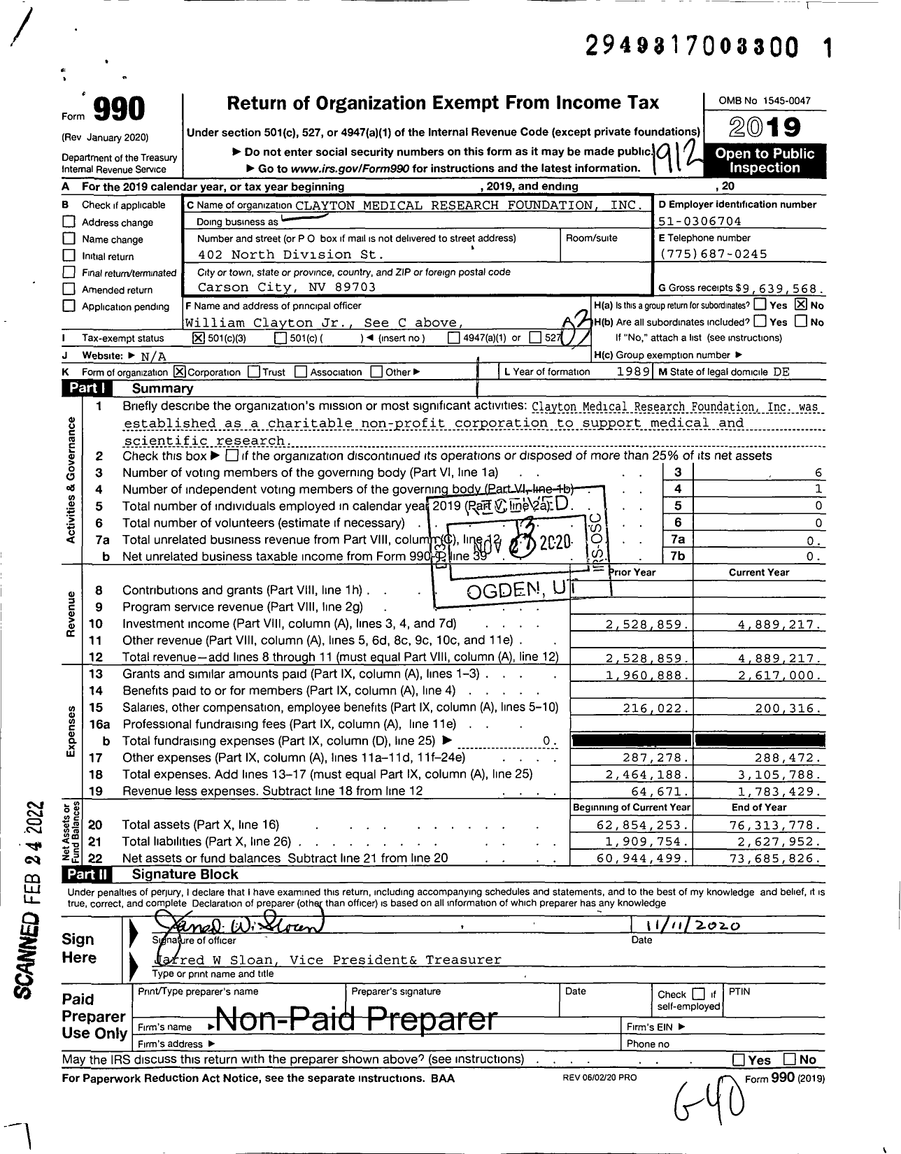 Image of first page of 2019 Form 990 for Clayton Medical Research Foundation