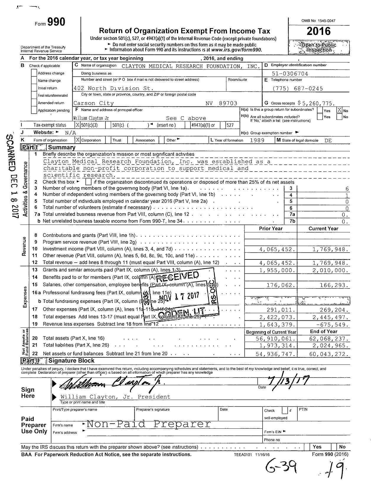 Image of first page of 2016 Form 990 for Clayton Medical Research Foundation