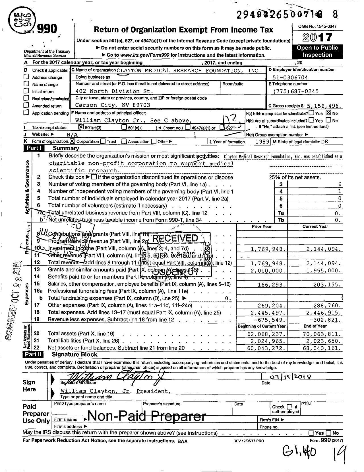 Image of first page of 2017 Form 990 for Clayton Medical Research Foundation