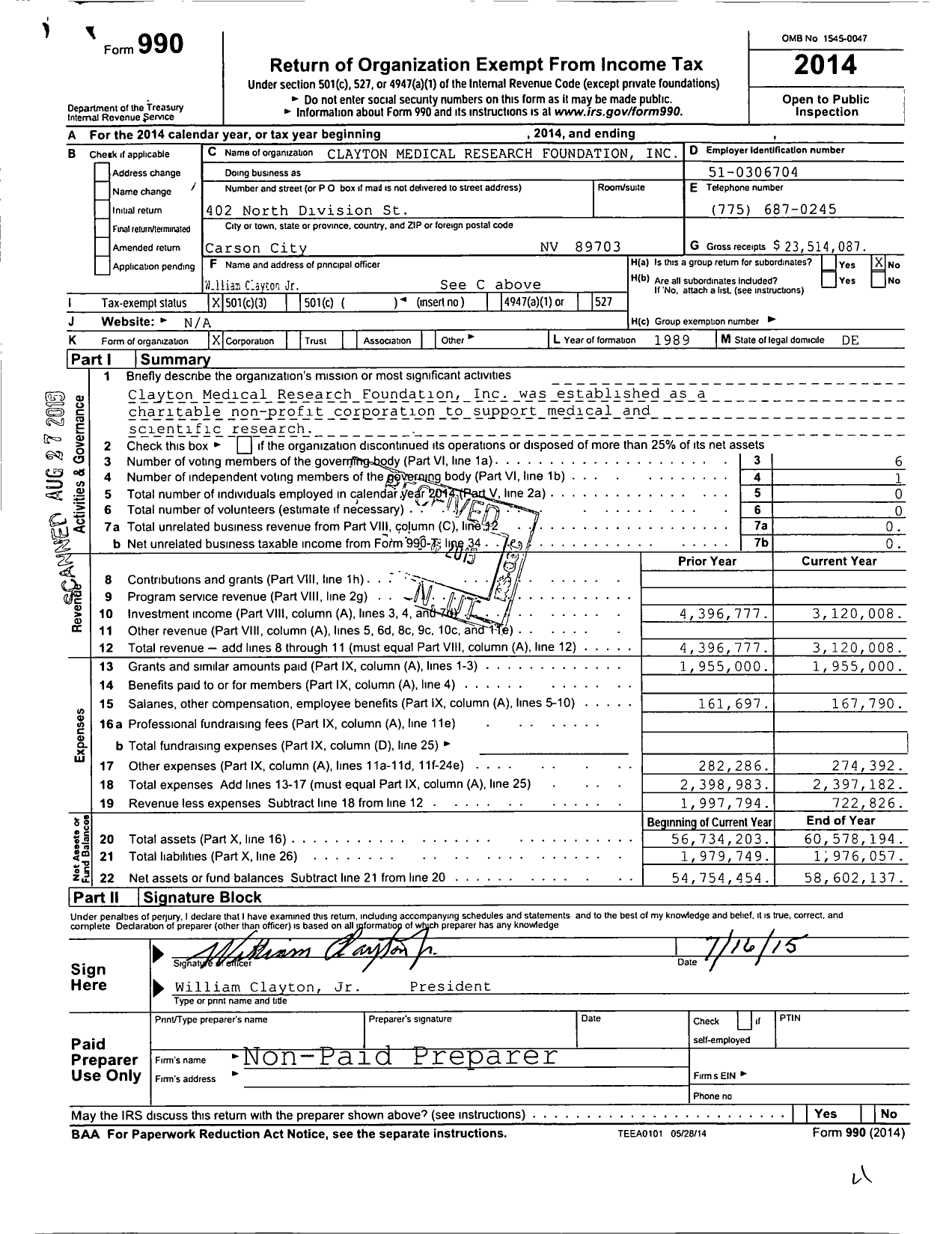 Image of first page of 2014 Form 990 for Clayton Medical Research Foundation