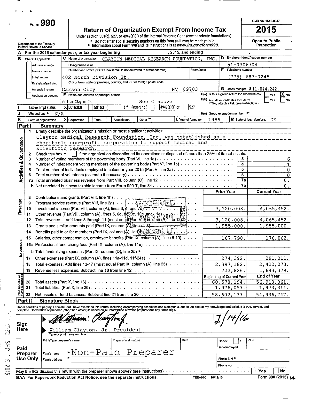 Image of first page of 2015 Form 990 for Clayton Medical Research Foundation