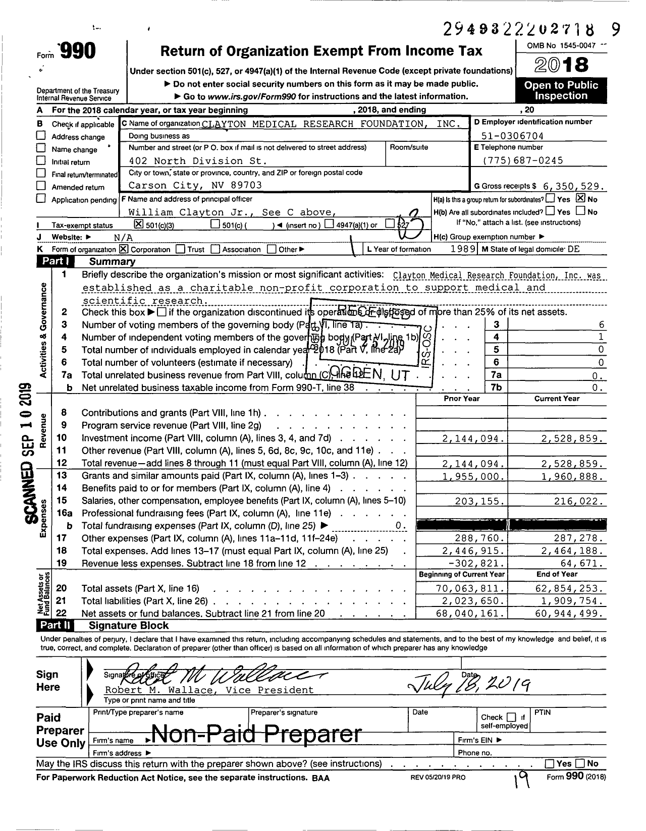 Image of first page of 2018 Form 990 for Clayton Medical Research Foundation