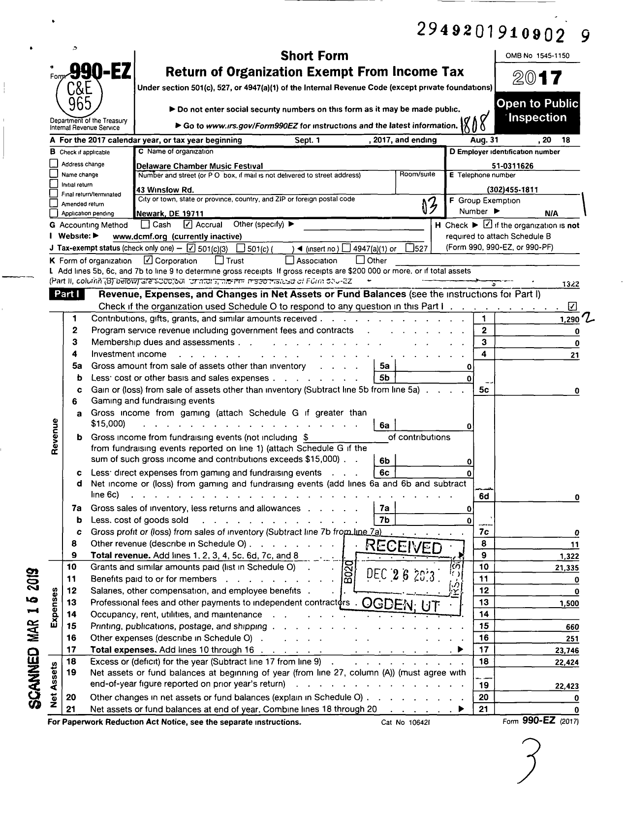 Image of first page of 2017 Form 990EZ for Delaware Chamber Music Festival