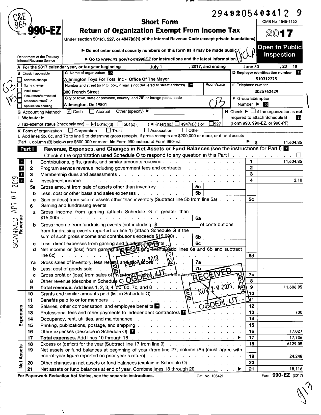 Image of first page of 2017 Form 990EZ for Wilmington Toys For Tots