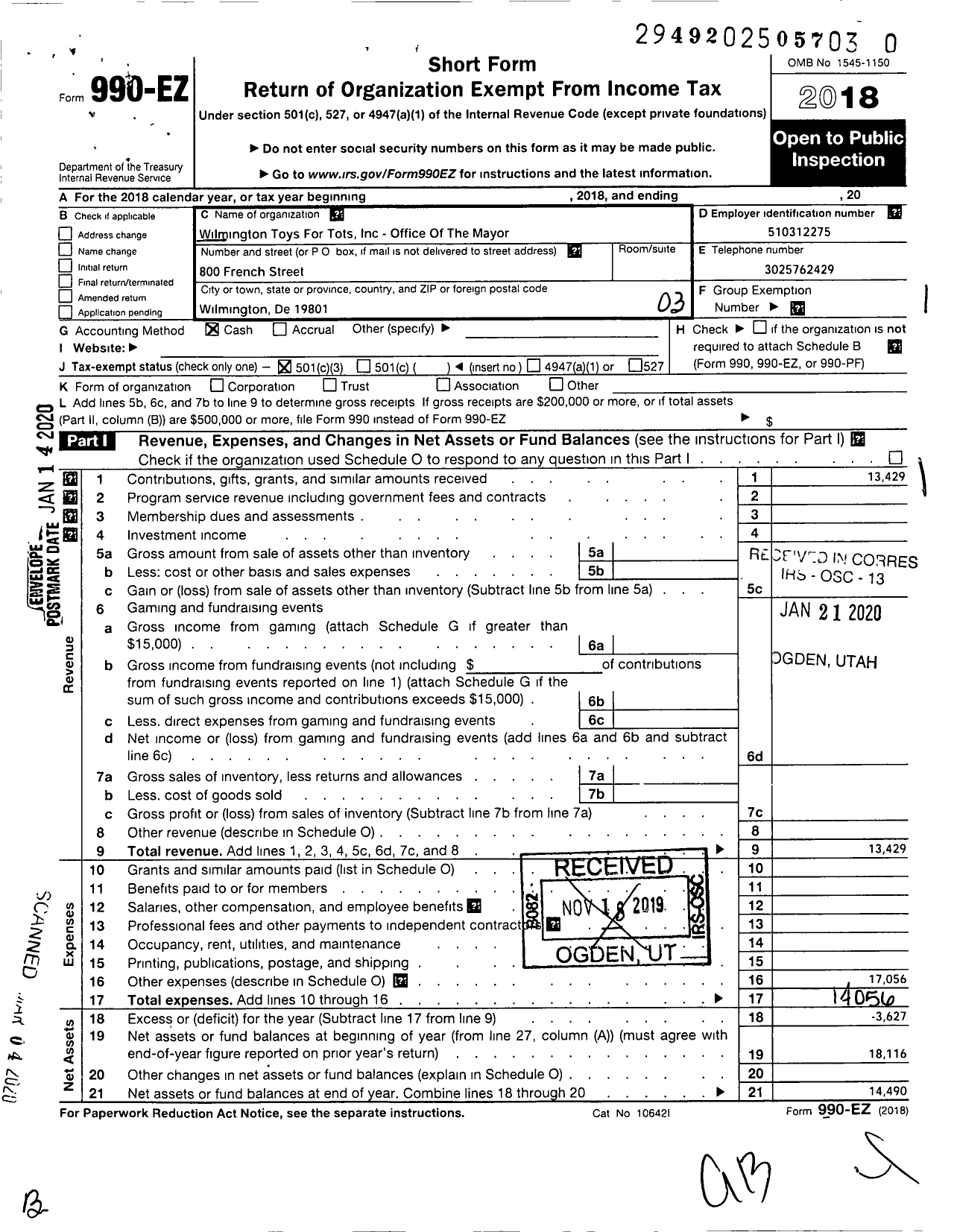 Image of first page of 2018 Form 990EZ for Wilmington Toys For Tots