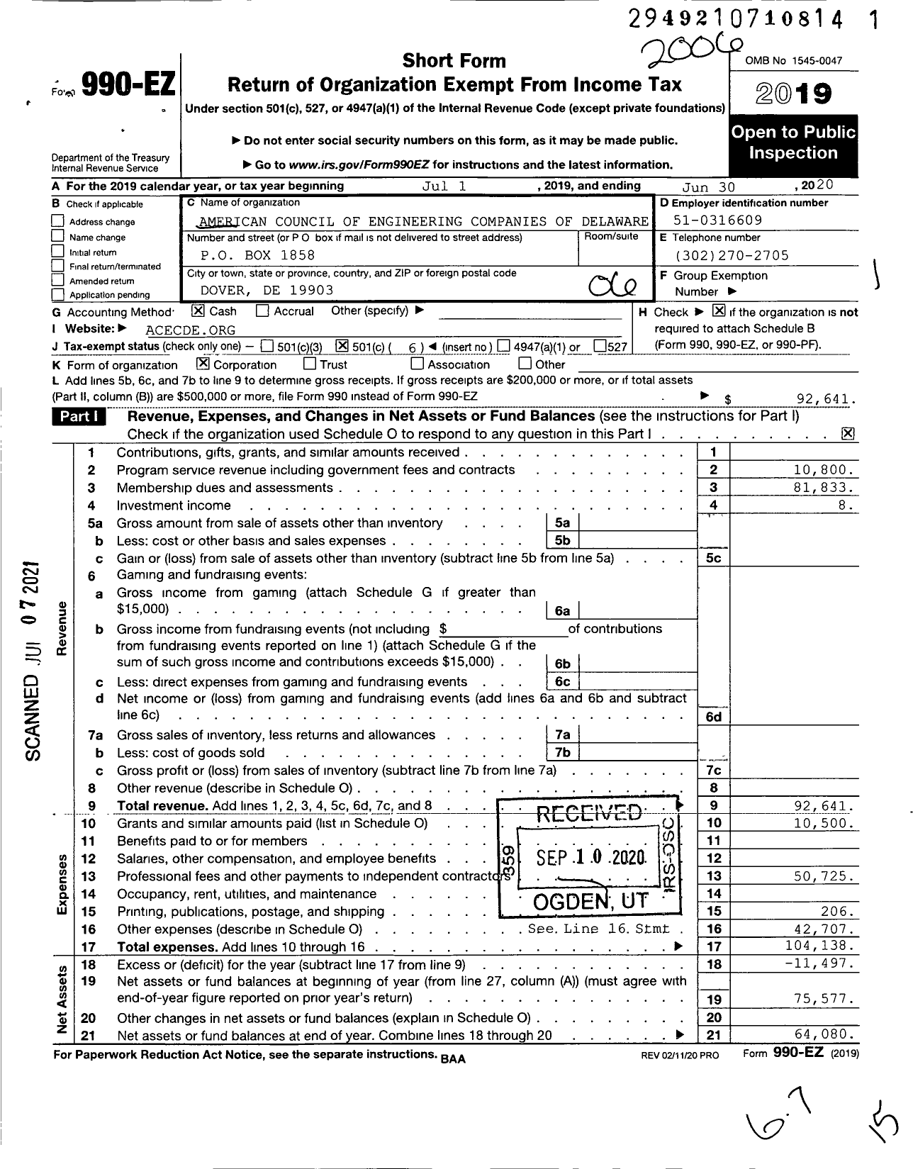 Image of first page of 2019 Form 990EO for American Council of Engineering Companies of Delaware