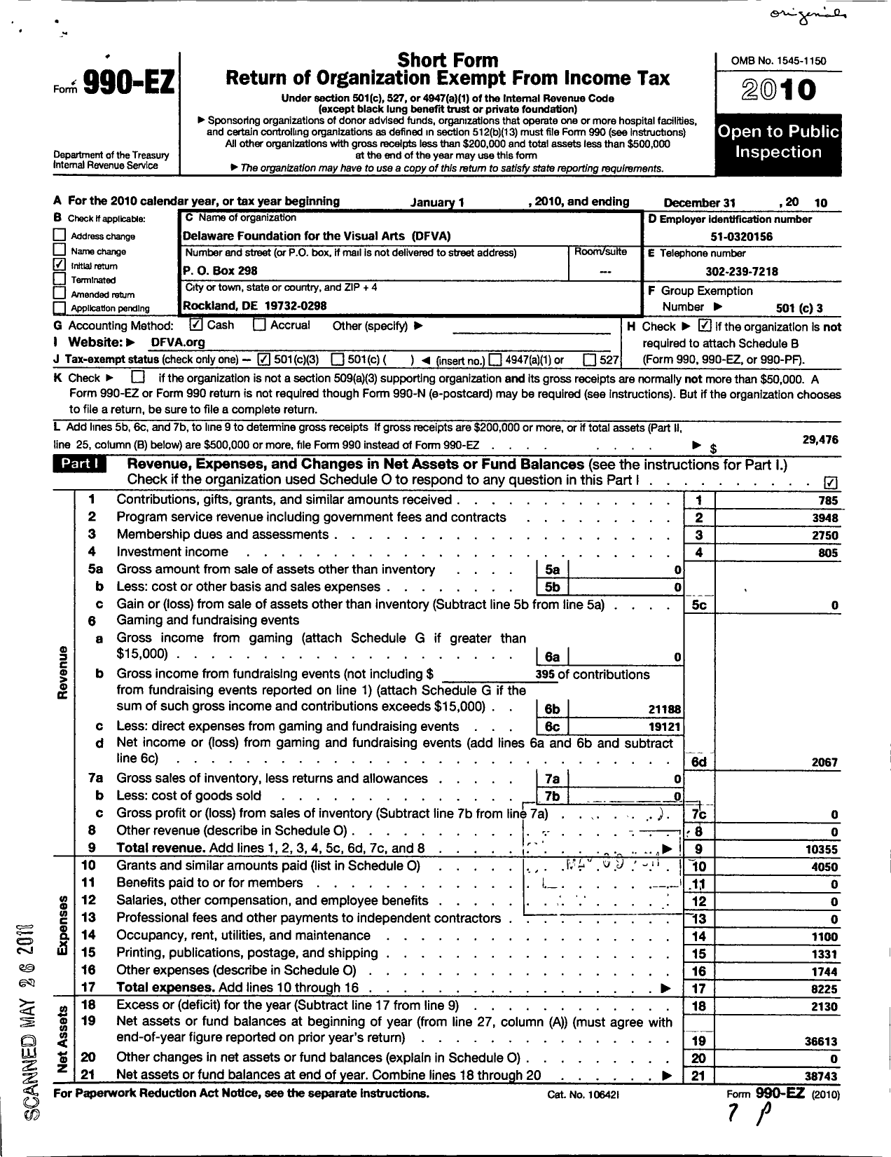 Image of first page of 2010 Form 990EZ for Delaware Foundation for the Visual Arts