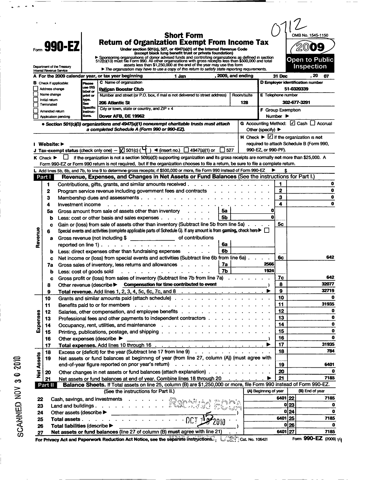 Image of first page of 2007 Form 990EO for Pelican Booster Club