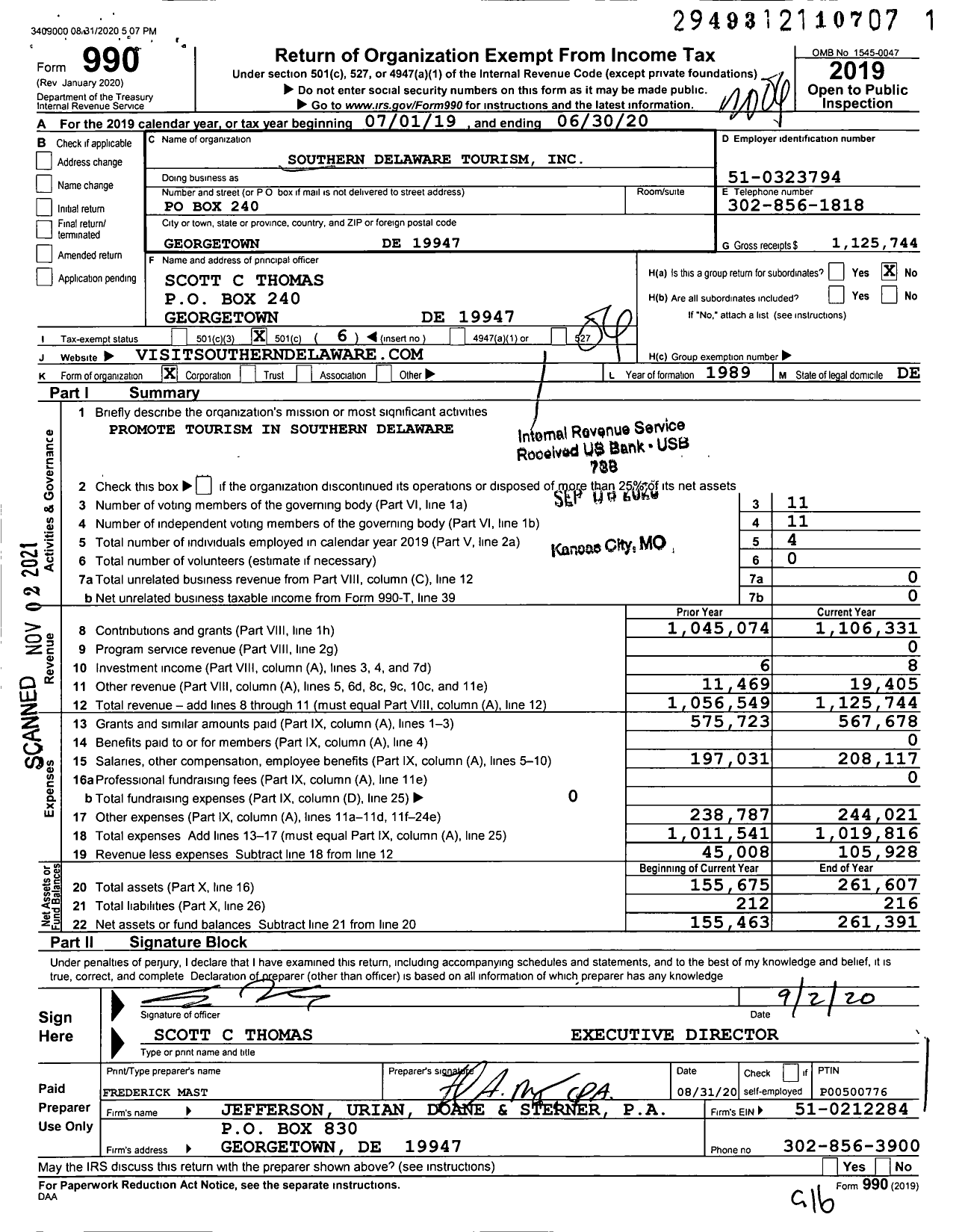 Image of first page of 2019 Form 990O for Southern Delaware Tourism