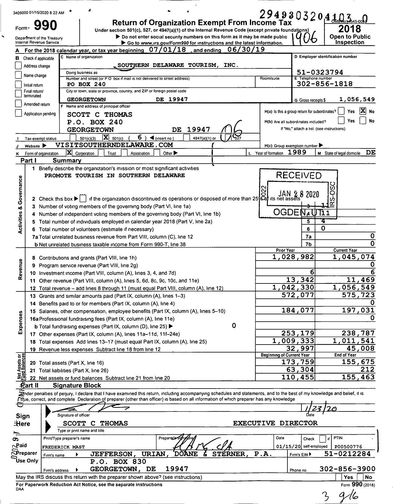 Image of first page of 2018 Form 990O for Southern Delaware Tourism