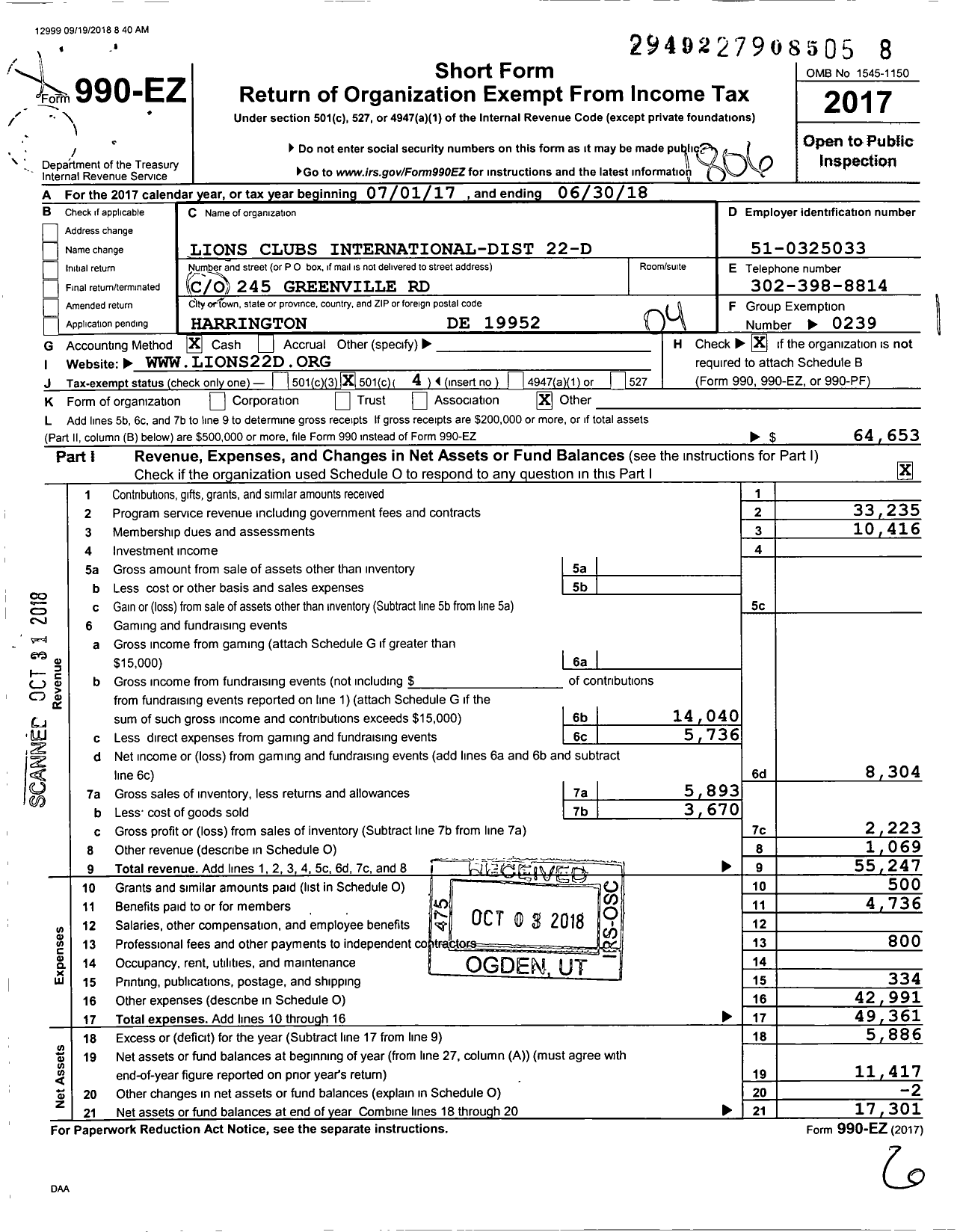 Image of first page of 2017 Form 990EO for Lions Clubs - 65716 22 D District