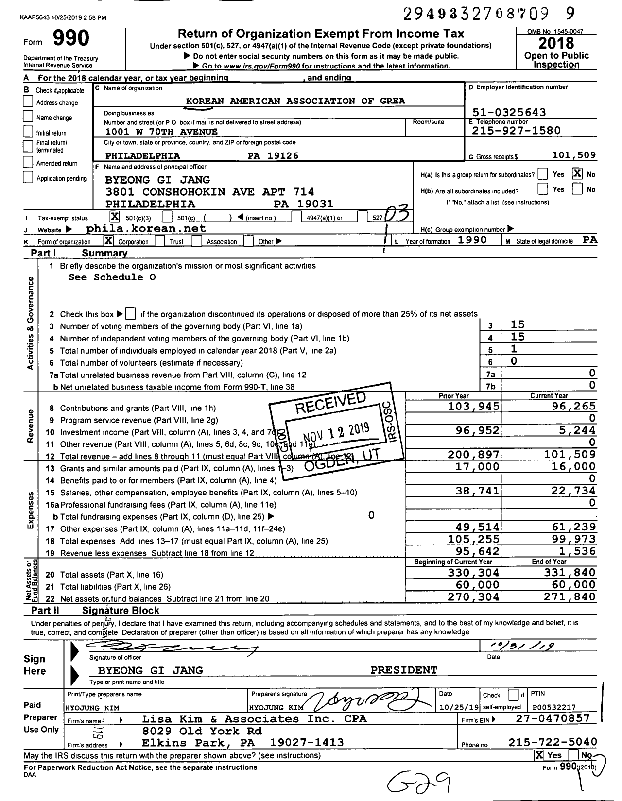 Image of first page of 2018 Form 990 for Korean American Association of Greater Philadelphia