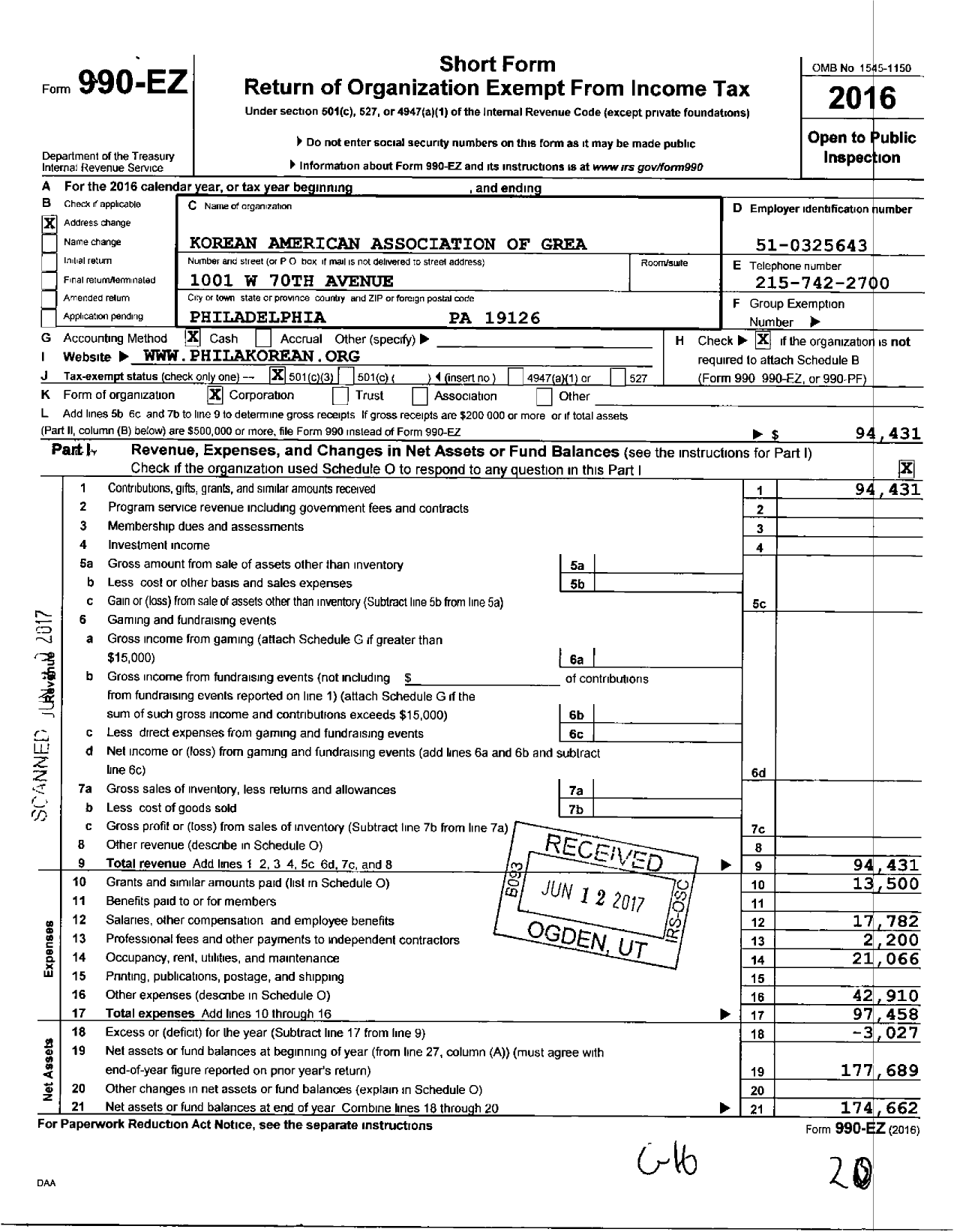 Image of first page of 2016 Form 990EZ for Korean American Association of Greater Philadelphia