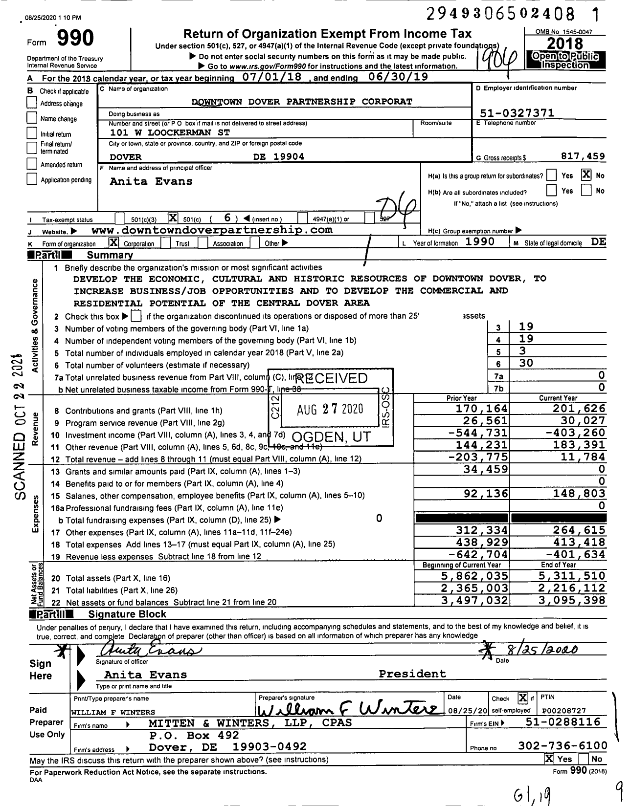 Image of first page of 2018 Form 990O for Downtown Dover Partnership Corporat