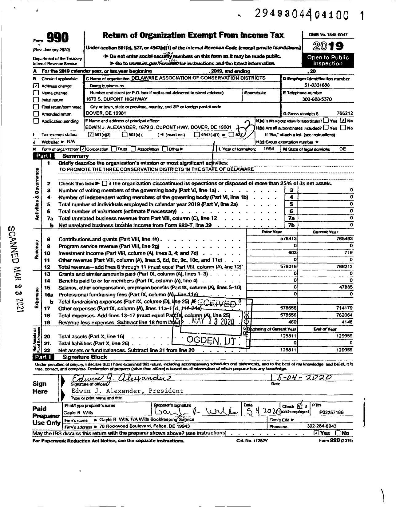 Image of first page of 2019 Form 990 for Delaware Association of Conservation Districts