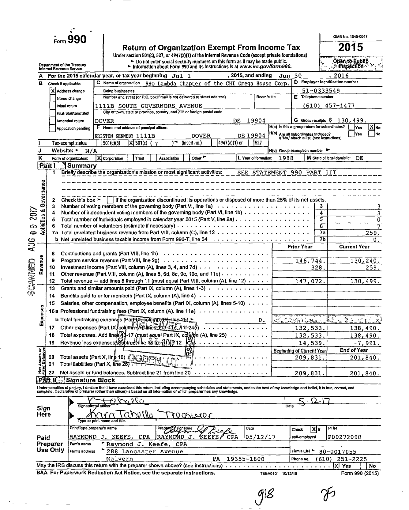 Image of first page of 2015 Form 990O for Rho Lambda Chapter of the Chi