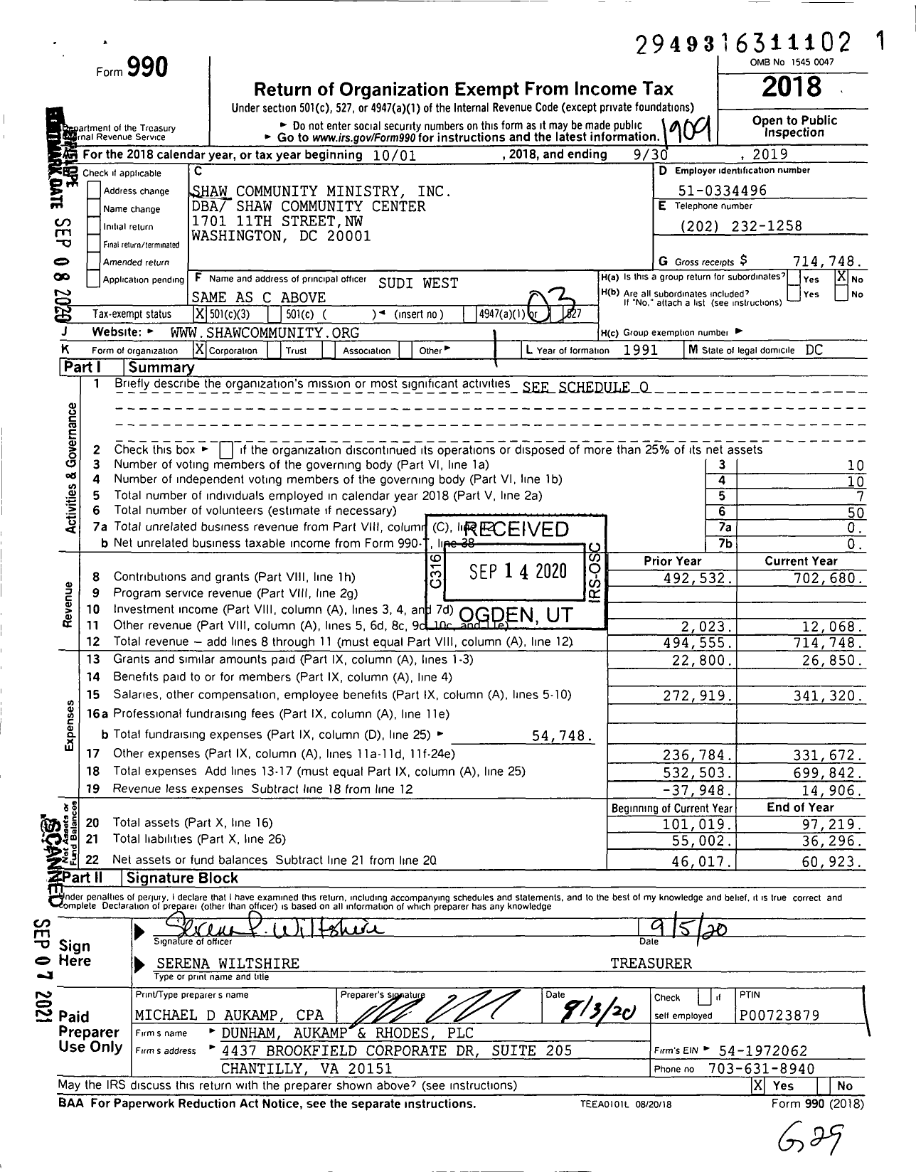 Image of first page of 2018 Form 990 for Shaw Community Center