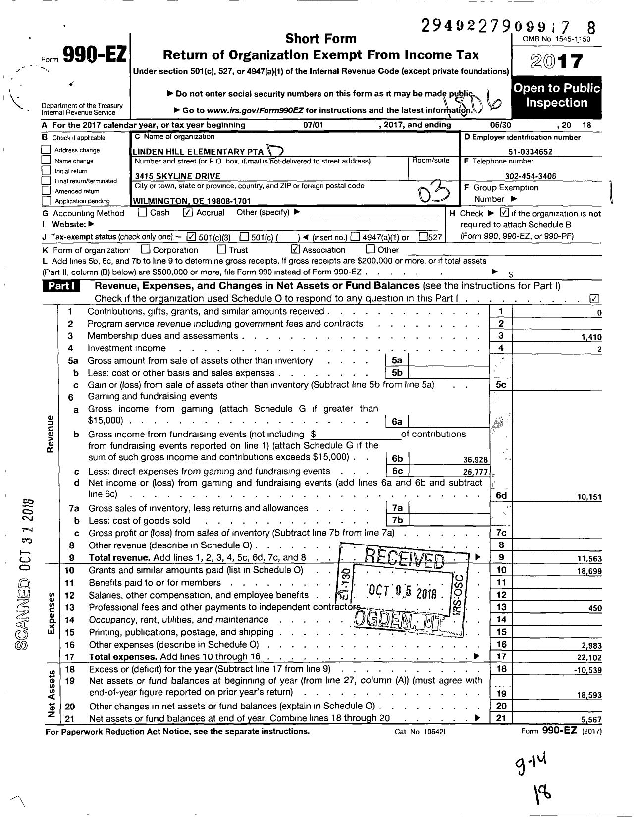 Image of first page of 2017 Form 990EZ for PTA Delaware Congress / Linden Hill Elementary School